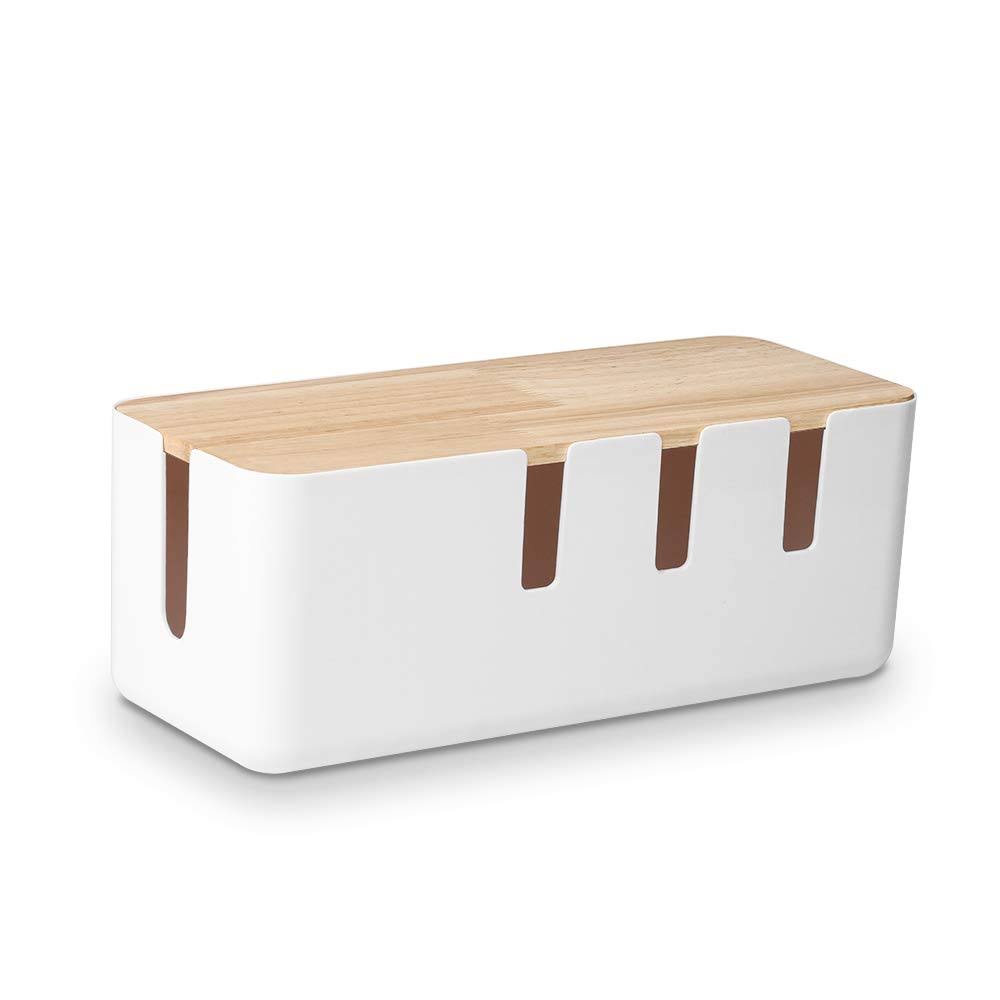Cable Management Box by Baskiss, 12x5x4.5 Inches, Wood Lid, Cord Organizer for Desk TV Computer USB Hub System to Cover and Hide & Power Strips &