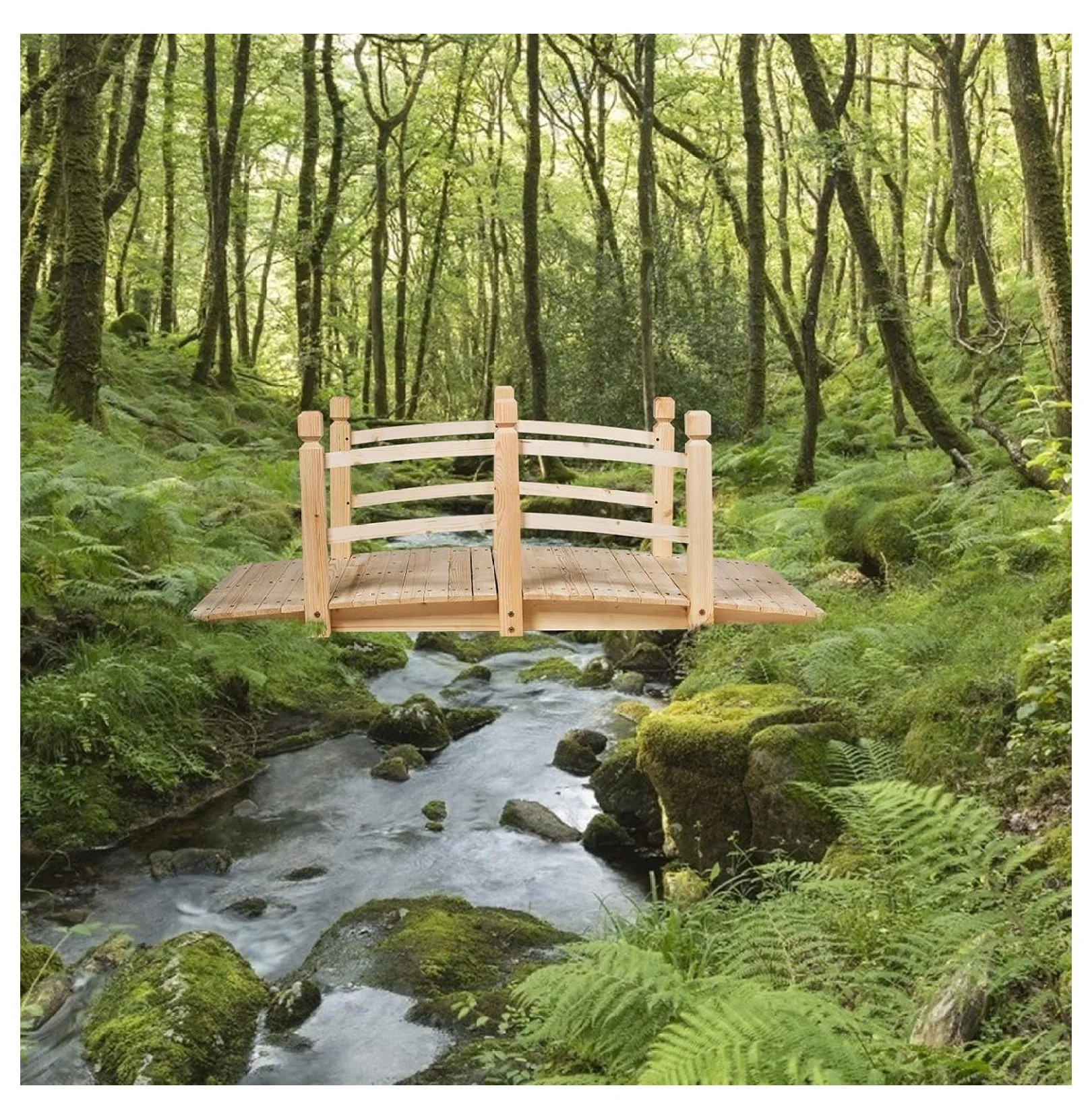 Garden Bridge, 5FT Wooden Arc Footbridge for Outdoors with Safety Guardrails, Decorative Landscaping for Garden Yard Walkway Creek Farm, 400 LBS Capacity (Natural Finished) Image 9
