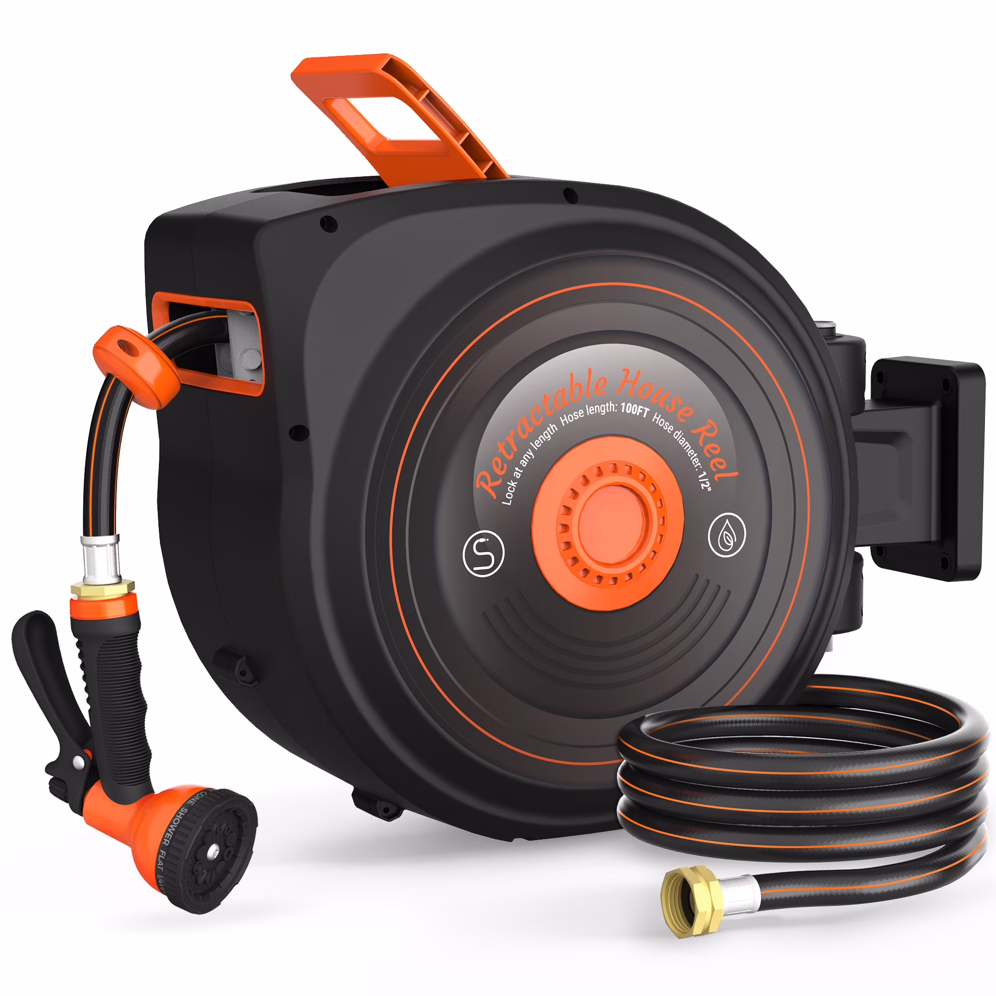 Retractable Garden Hose Reel 1/2 in x 100 ft, Auto-Rewind & Any Length Lock, 180�� Swivel Heavy Duty Hose Reel Wall Mount for Outside, 10 Spray Patterns, UV-Resistant