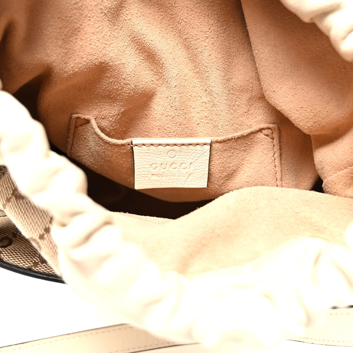 Monogram Textured Calfskin Horsebit 1955 Drawstring Bucket Bag Beige Mystic White