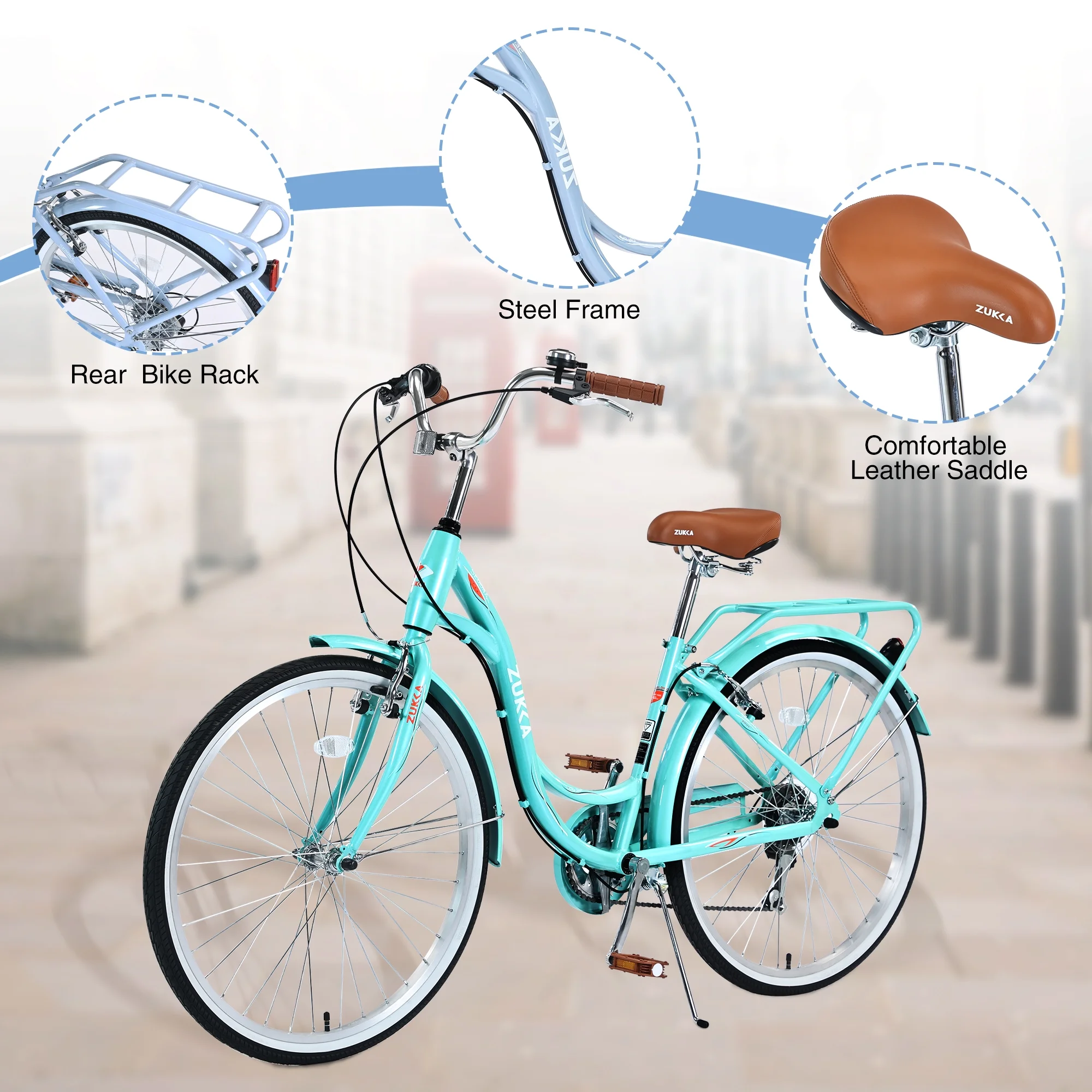 26 Inch Women's Bike, Adult Cruiser Bicycle 7 Speed Steel Frame City Commuter Bike for Ladies, Green - Image 2