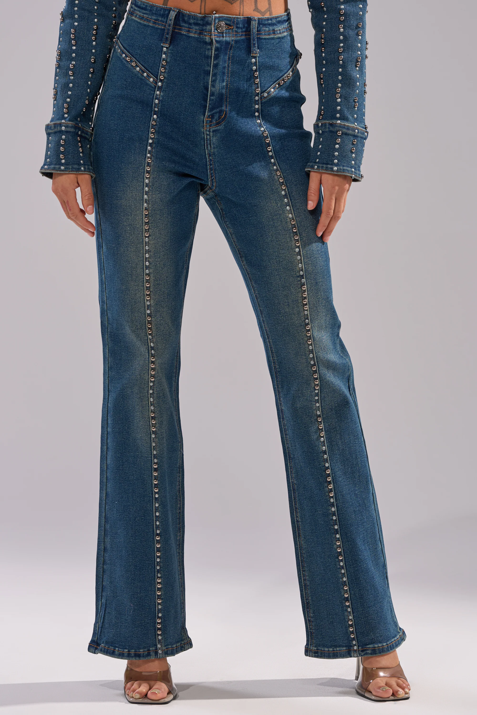 GLAMOUR STUDDED FLARE DENIM PANT - Akira Store