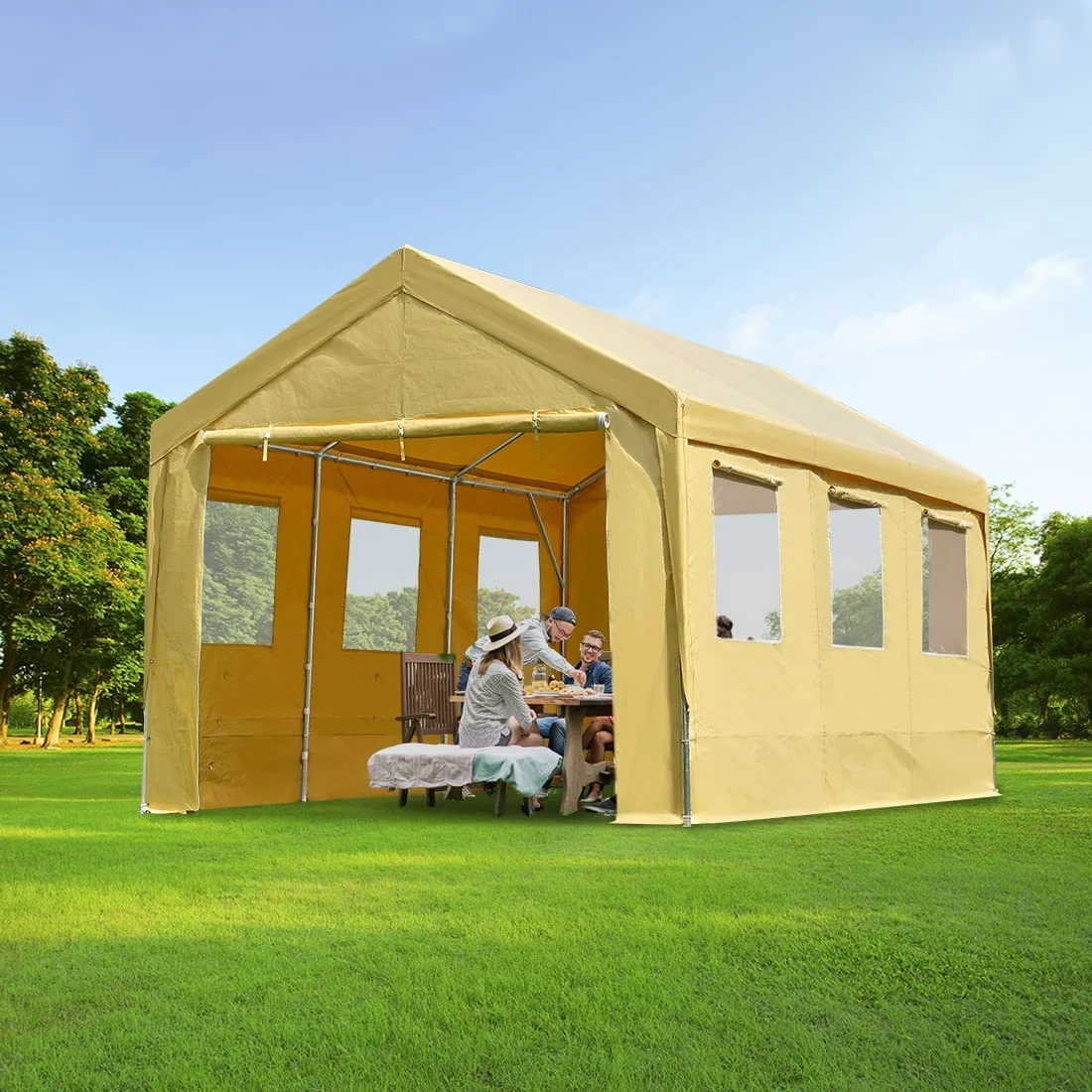 10x20 ft Heavy Duty Carport with Roll-up Ventilated Windows Removable Sidewalls Car Canopy Garage Boat Shelter Party Tent, Adjustable Height from 9.5ft to 11ft, Beige Yellow(10' x 20'/Beige) - Image 5