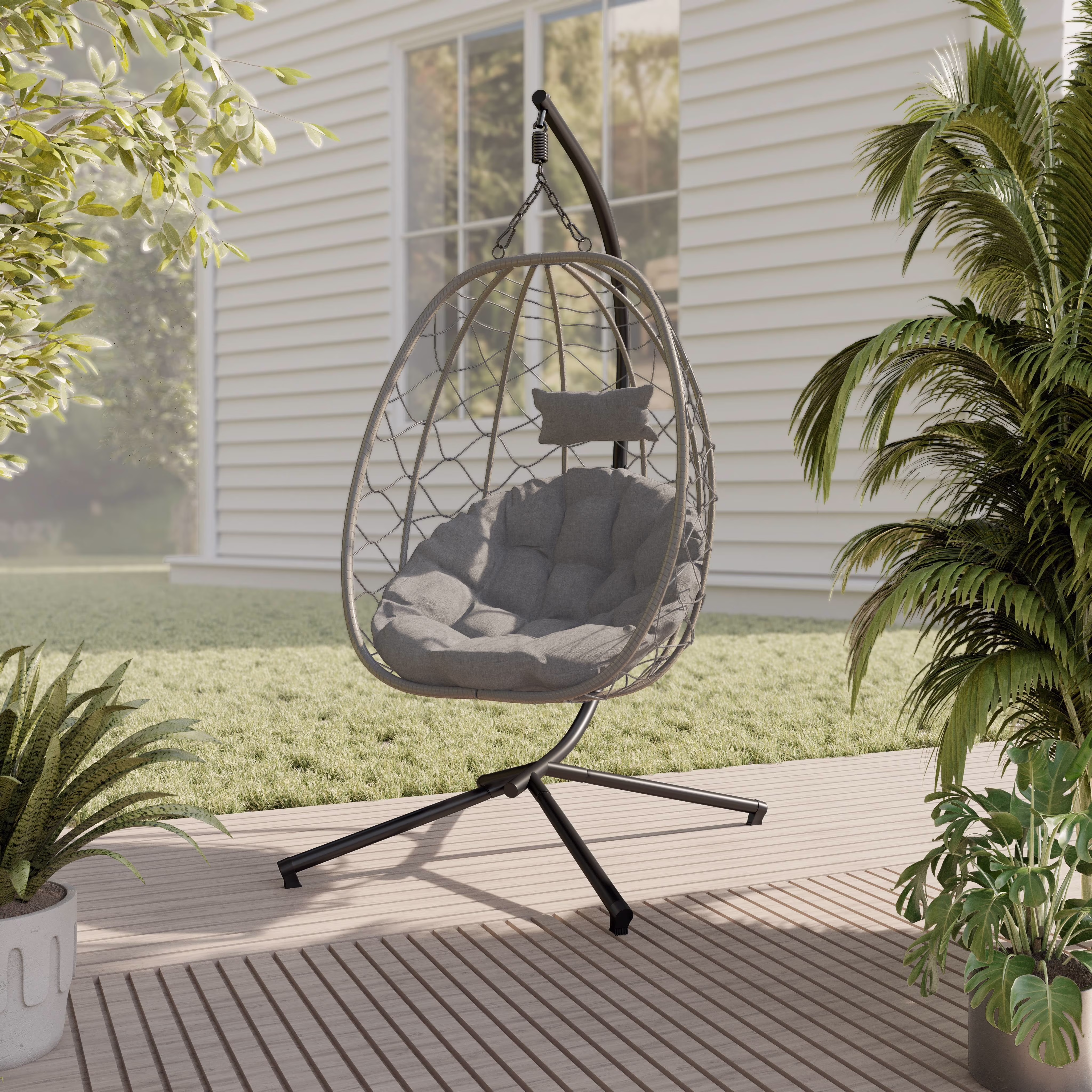 Single Person Egg Swing Chair Powder-Coated Iron Stand in Black and Steel Chains with Removable Cushions Summit Collection in Charcoal(Charcoal) - Image 5