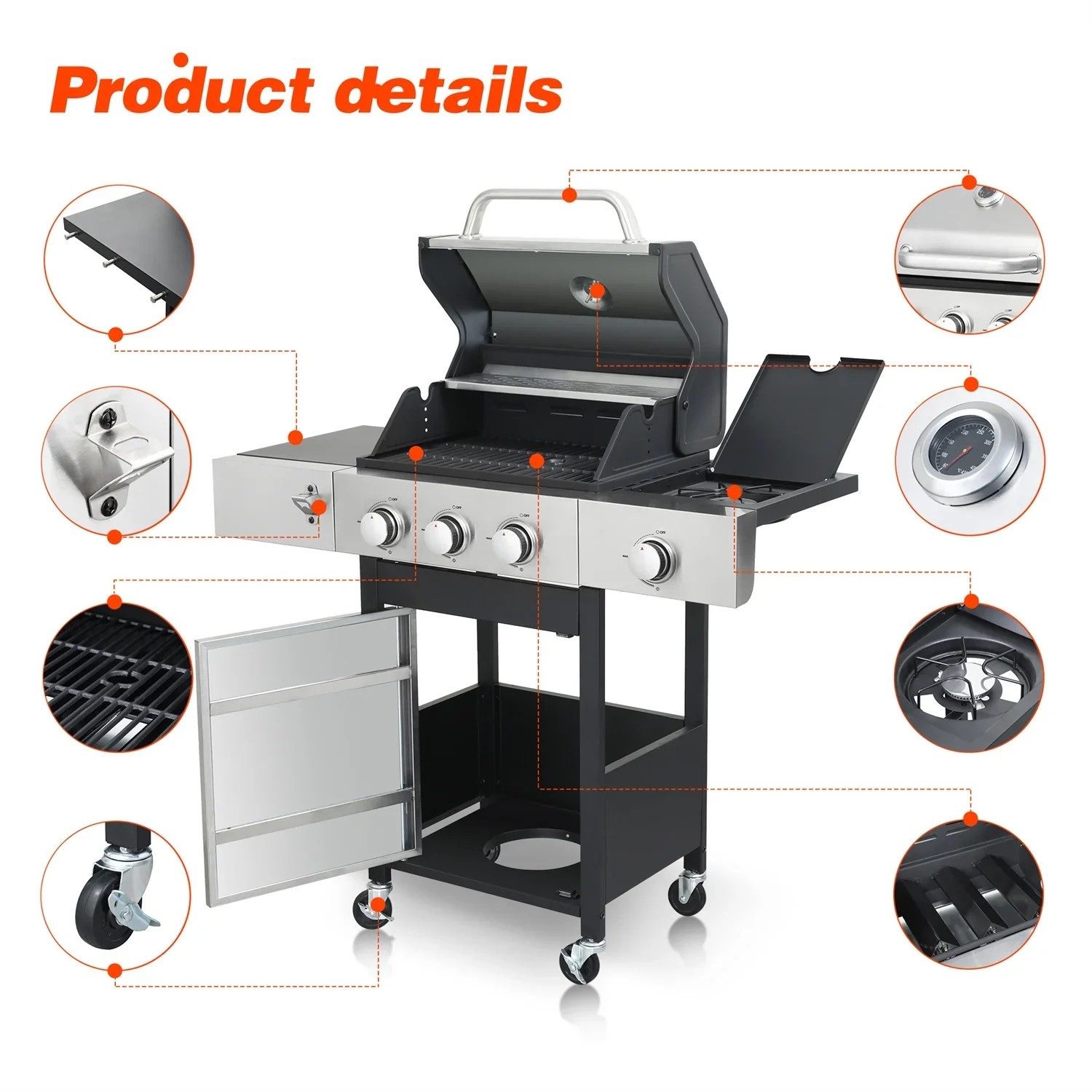HighSound 3 Burner BBQ Propane Gas Grill, Stainless Steel 25650 BTU Patio Garden Barbecue Grill with Wire Enamel Cooking Grids & Foldable Shelves, Black