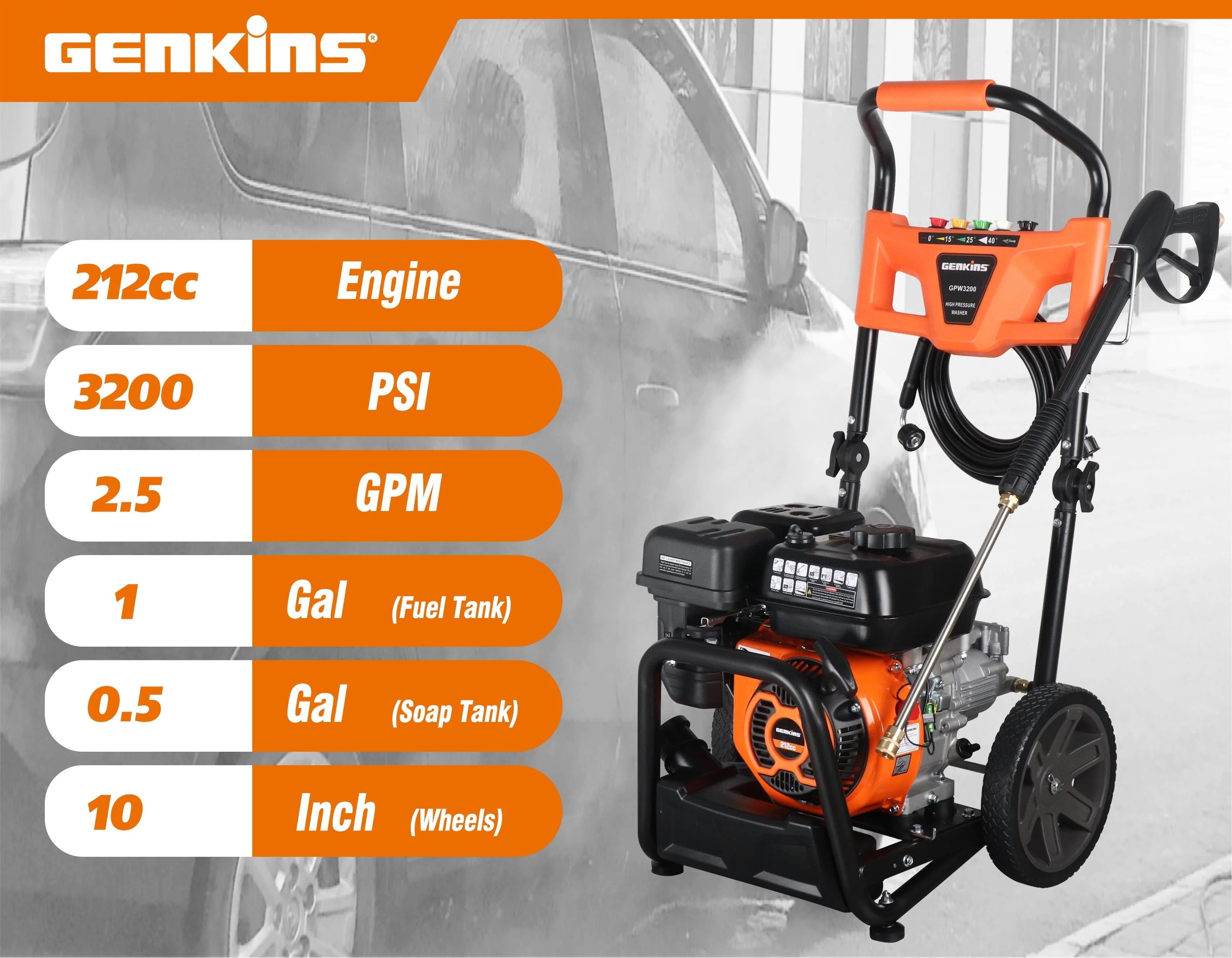 GPW3200 Gas Powered Foldable Pressure Washer 3200 PSI and 2 5 GPM, Soap Tank and Five Nozzle Set | Compact Foldable Image 5