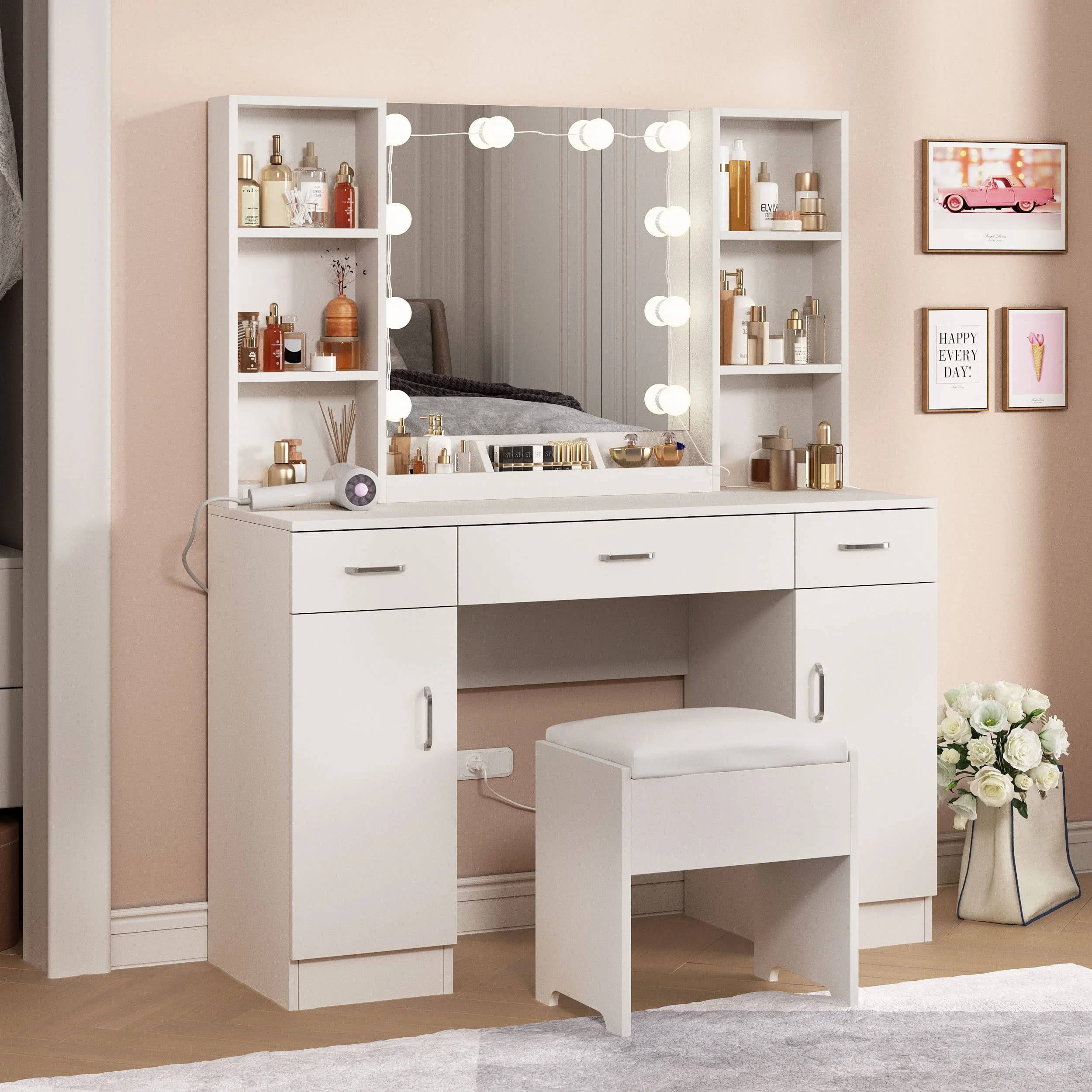 Large Makeup Vanity Set with Lights, White Bedroom Makeup Vanity Table with Storage, 3 Adjustable Lighting Colors, Modern, 45.2in(Black) - Image 2