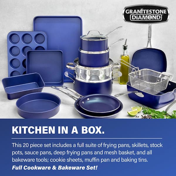 Classic Blue 20 Piece Aluminum Ultra Durable Non Stick Diamond Infused Cookware and Bakeware Set Image 5