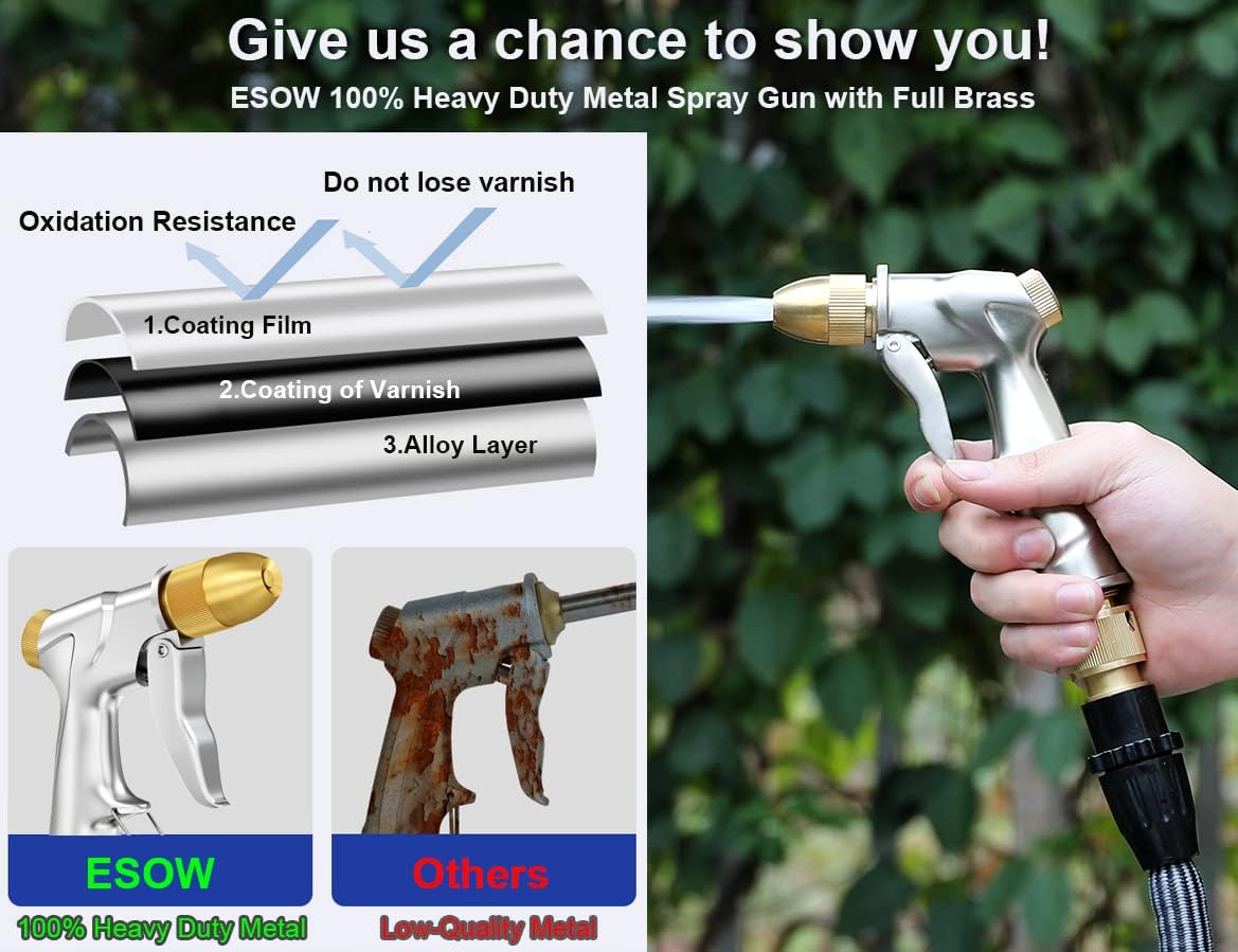 ESOW Garden Hose Nozzle Heavy Duty Metal, Full Brass Pistol Grip 4 Patterns