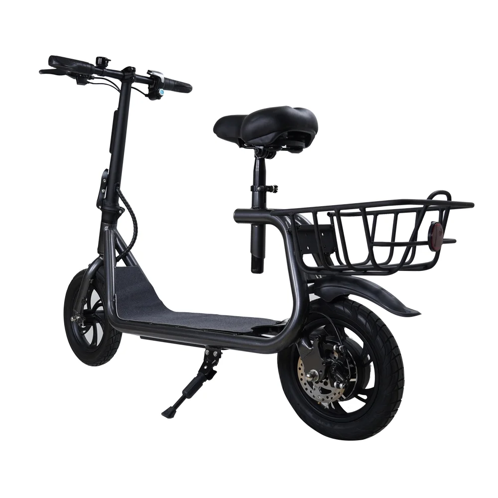 Electric Scooter Adult with Seat, 12 in Tires 350W Motor Foldable E - Bicycle with Basket Dual Disc Brakes