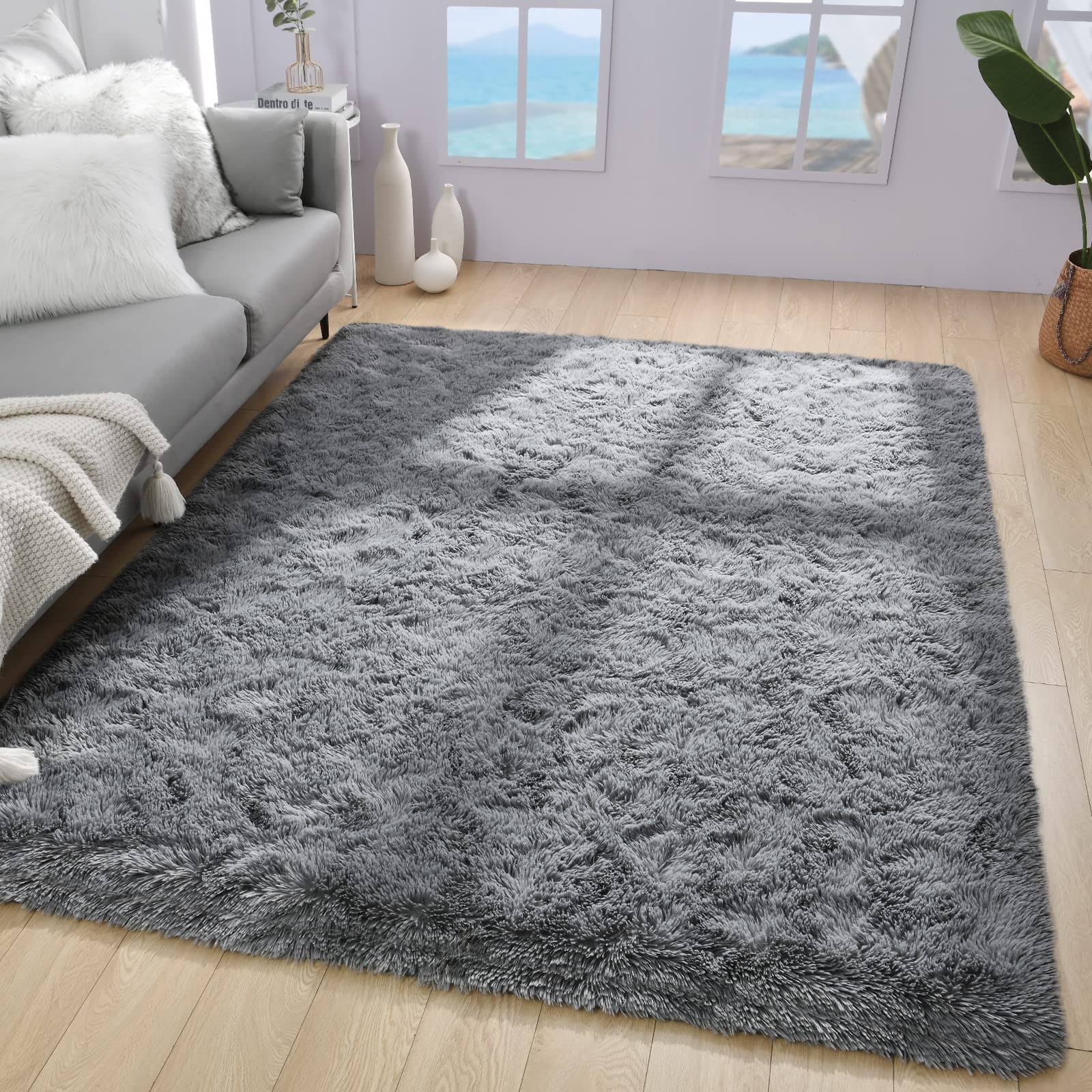 Iplusmall Soft Grey Rug for Living Room, Washable 4'x6' Fluffy Shag Area Rug for Bedroom Office Nursery Room, Gray Throw Shaggy Furry Carpet Rectangle Faux