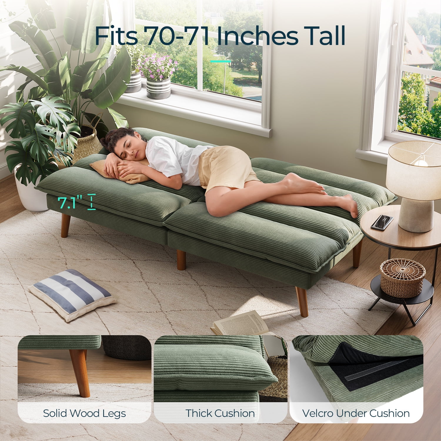 71" W Corduroy Convertible Futon Sofa Bed, Army Green(Army Green) - Image 9