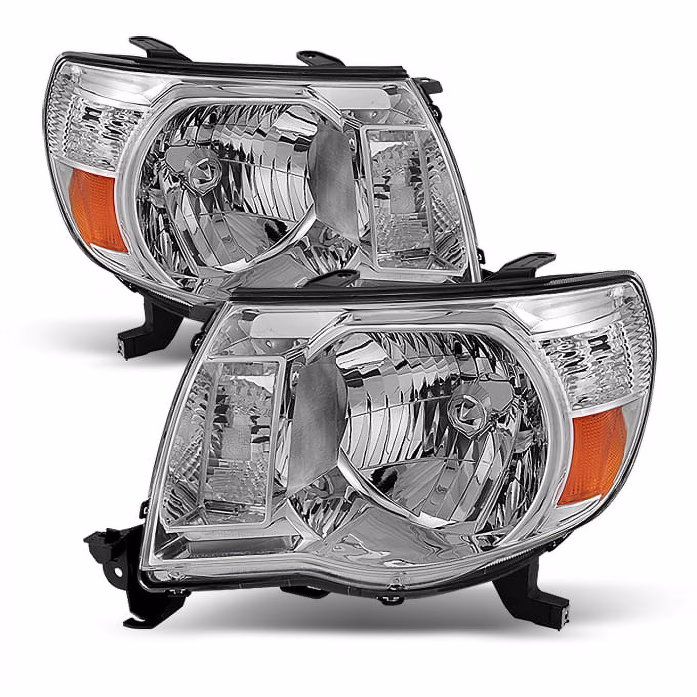 Fits 2005-2011 Toyota Tacoma Chrome Headlights Lamps Replacement Pair Left+Right(Chrome Houseing with Clear Len)