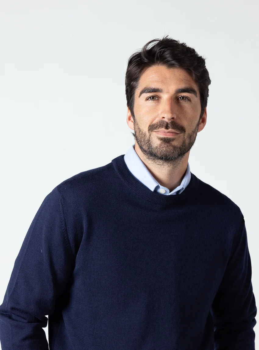 Pull homme col rond laine merinos Bleu Marine
