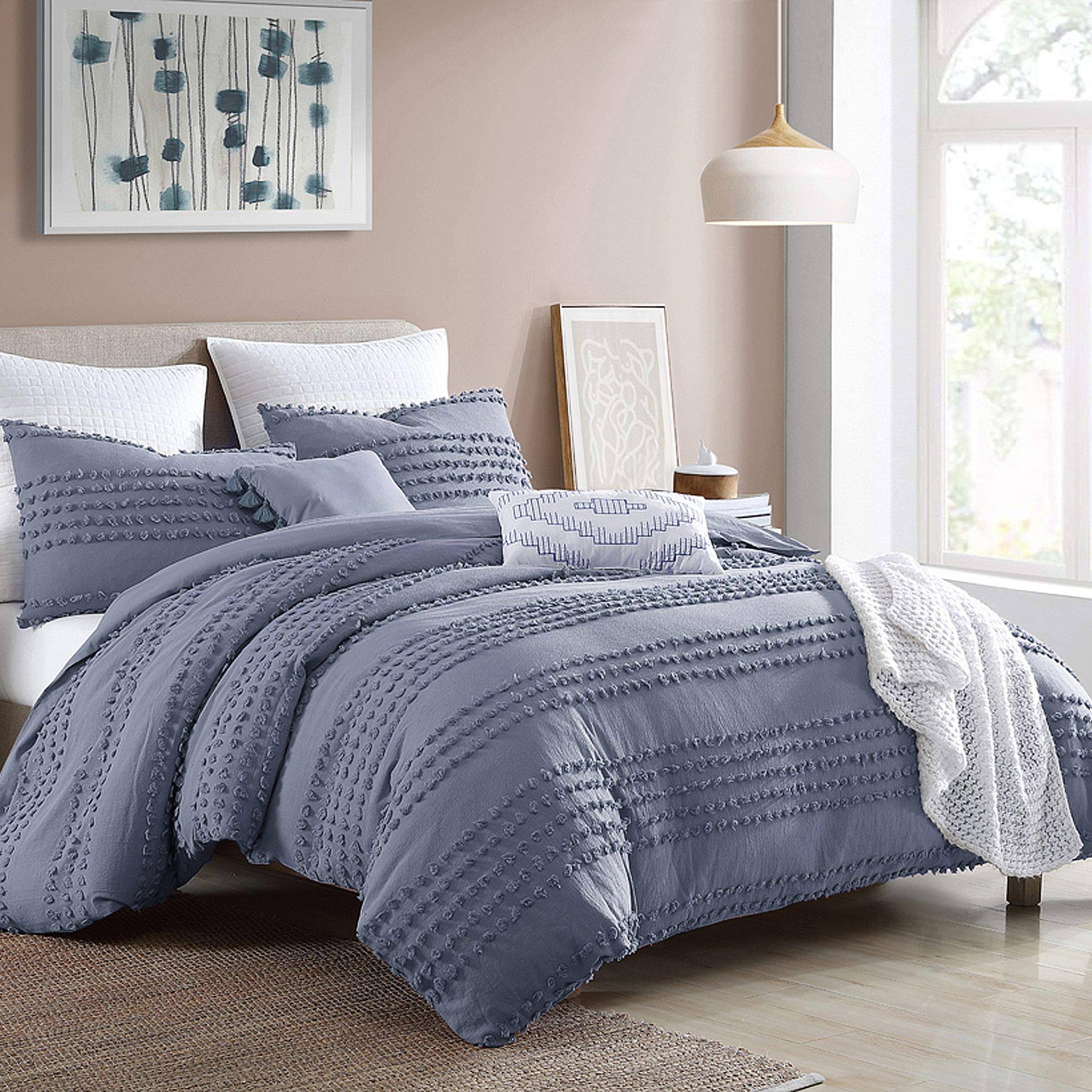 Swift Home Marilla Cotton Dobby Clip Dot 5-Piece Comforter Set with Shams and Decorative Pillows, Blue, King