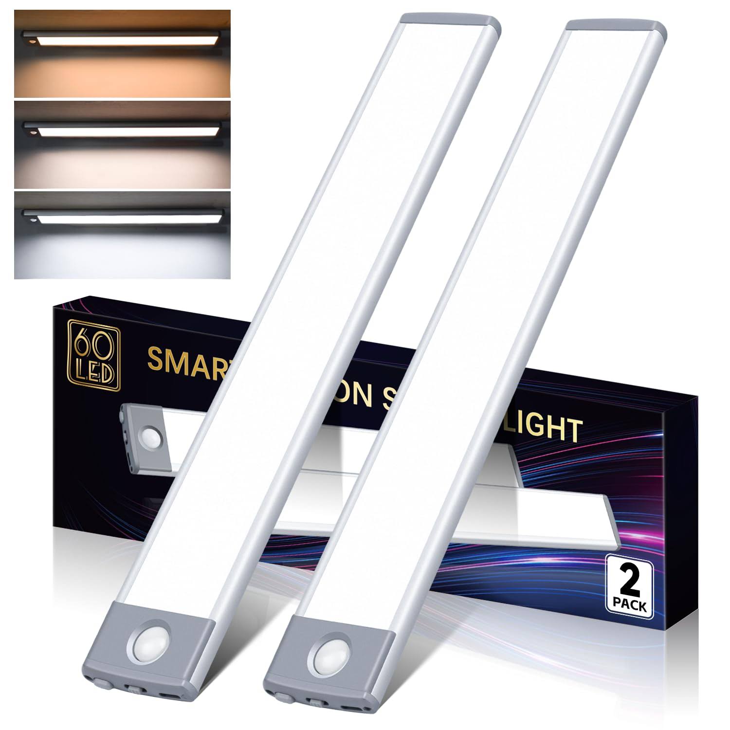60 LED Under Cabinet Lighting 2 Packs, Stepless Dimming Motion Sensor Light Indoor, 3 Color Tempera Wireless Closet Lights, 2500mAh Rechargeable