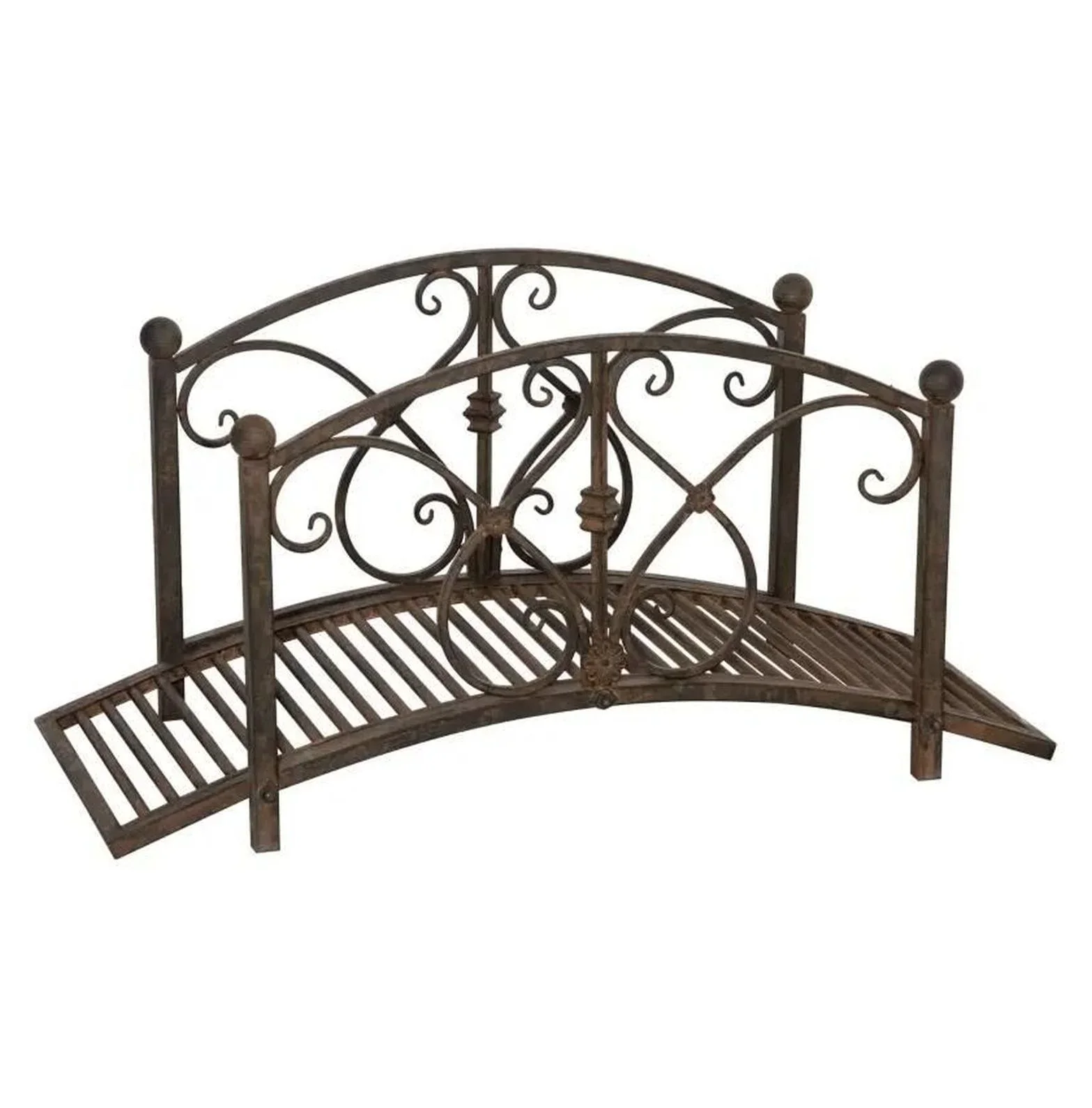 3.3' Metal Garden Bridge, Decorative Classic Footbridge Pond Bridge with Safety Railings for Backyard Garden Creek, Rust Brown