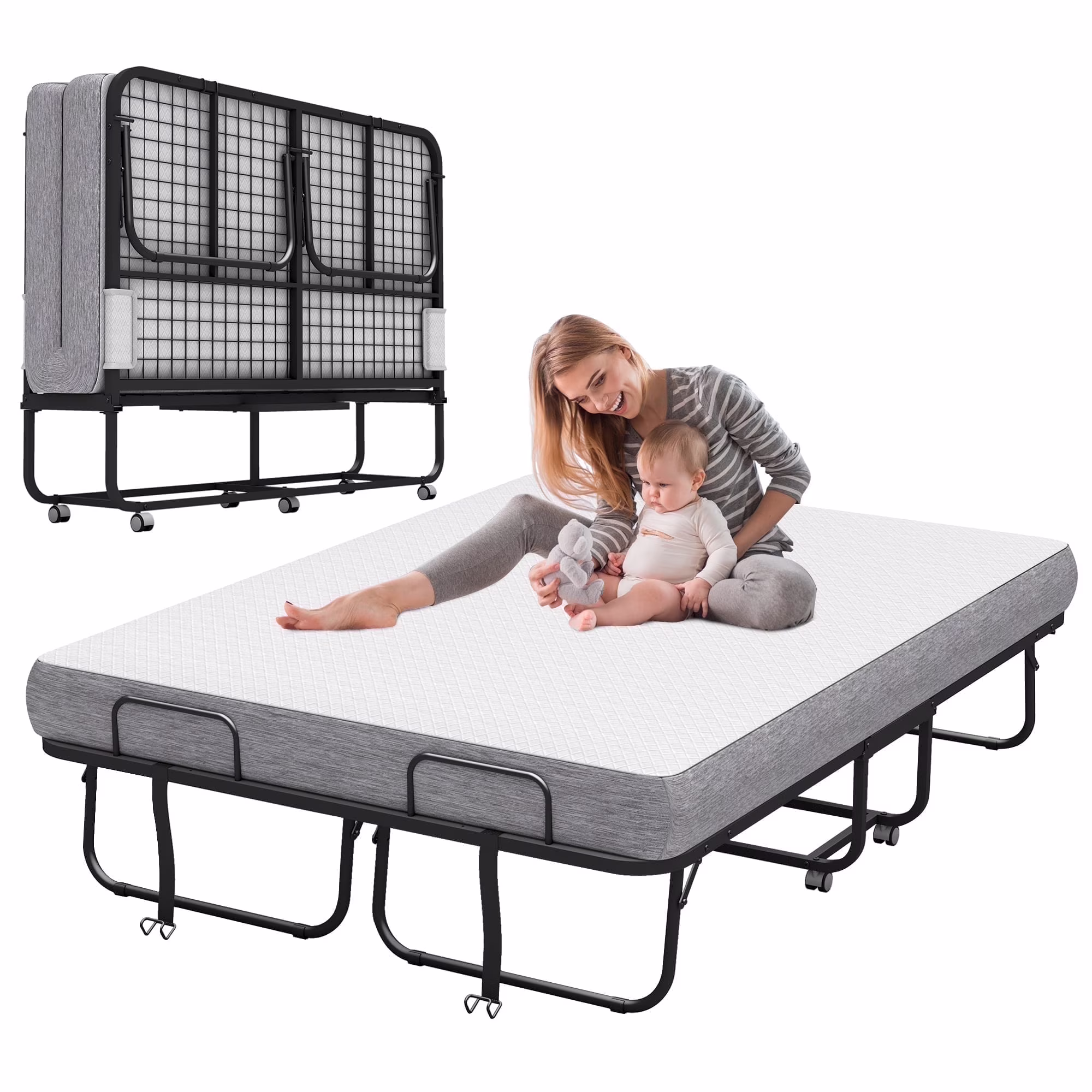 Full Size Folded Bed with Mattress, 75" x 54" Folding Bed, Twin Bed, Rollaway Bed Guest Bed for Adults with Sturdy Frame