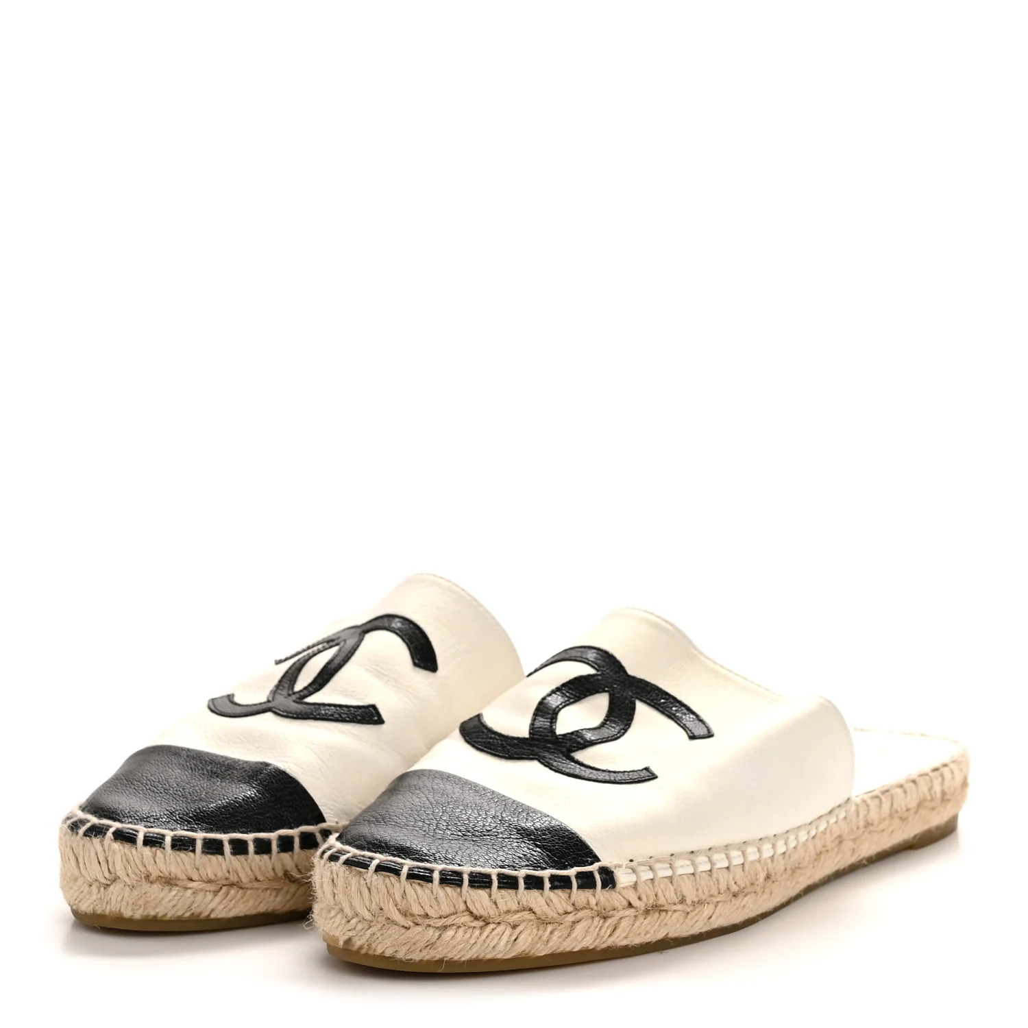Iridescent Goatskin CC Espadrille Mules 39 Ivory Black