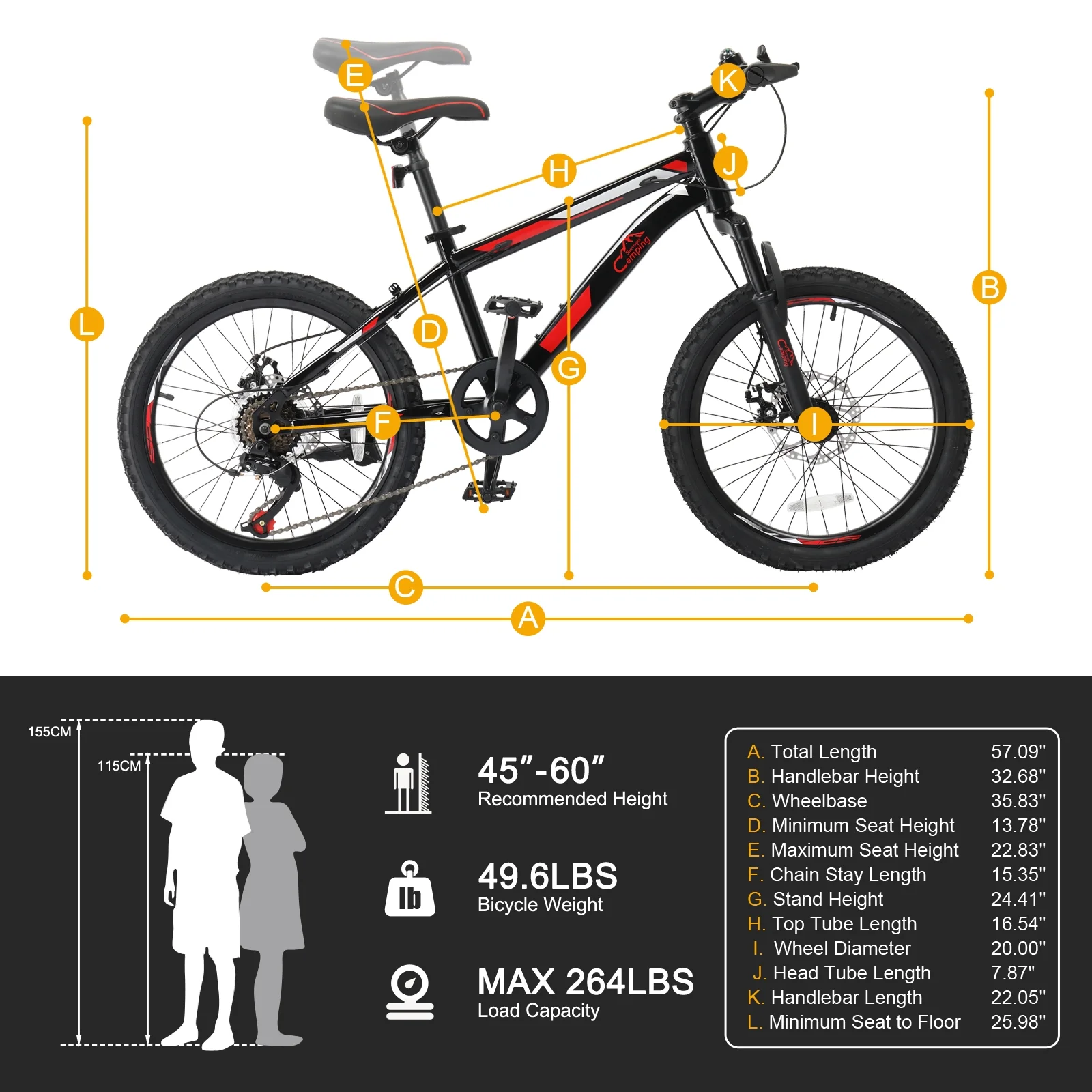 20" Mountain Bike, 7 Speed Bike with Disc Brakes, Black(Black) - Image 4