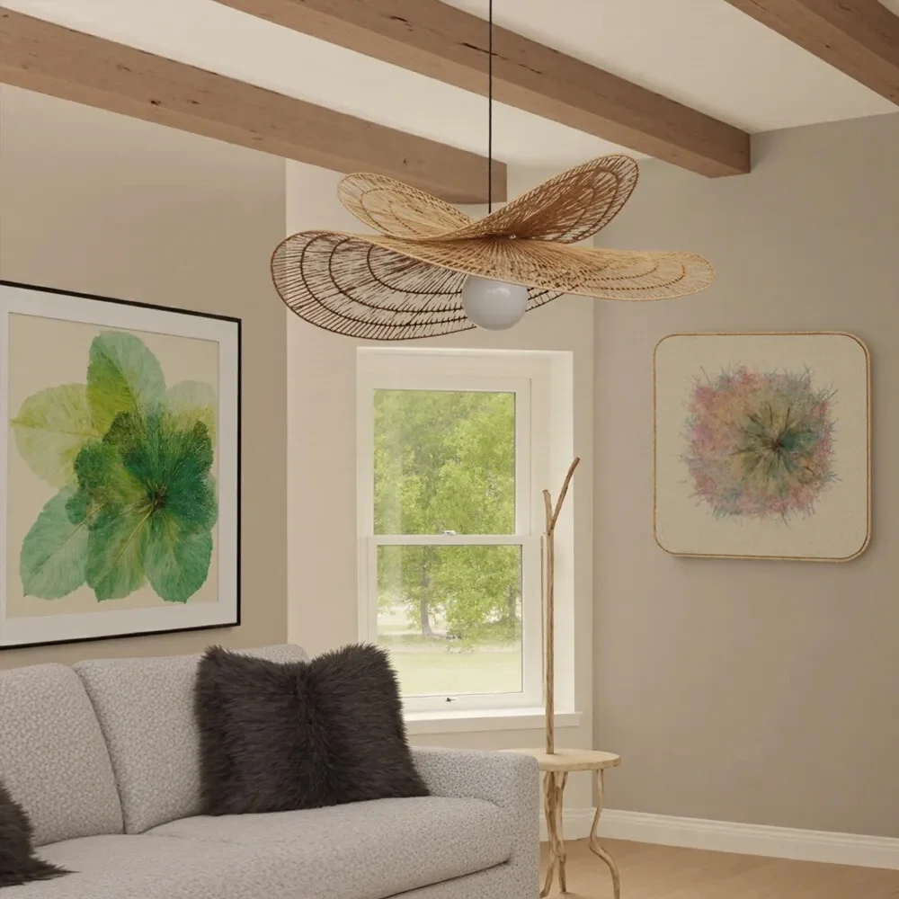 Arturesthome Vintage Handmade Rattan Woven Creative Double-Layer Straw Hat Pendant Light
