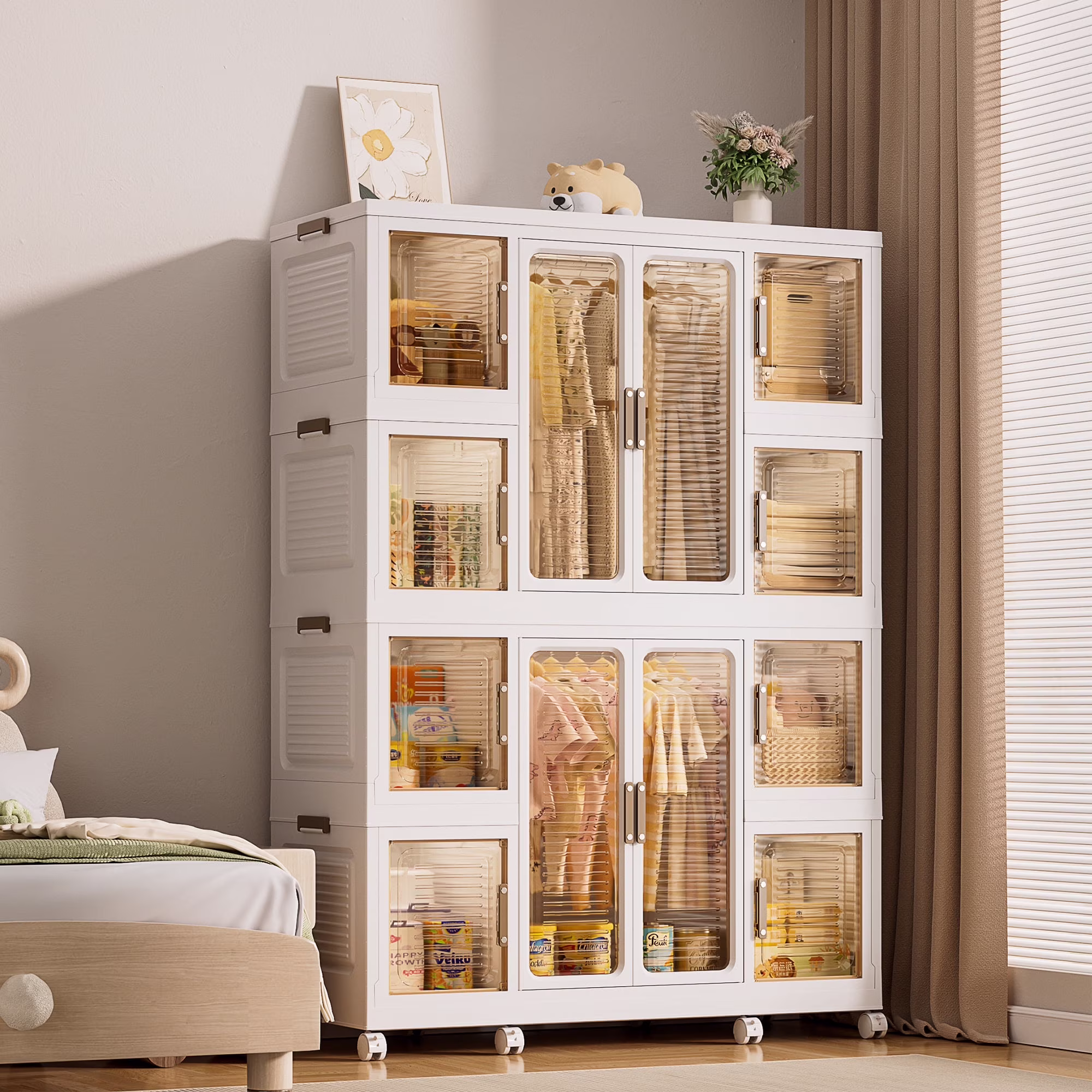 Kids Portable Wardrobe w/ Magnetic Doors Hanging Rod 4-Cube Plastic Storage Cabinet,Nursery/Bedroom(4 Cubes) - Image 3