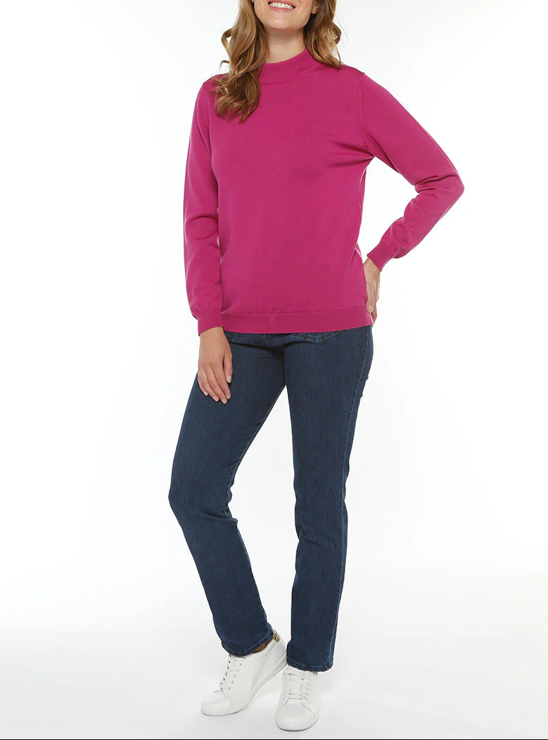 Pull femme col cheminée laine mérinos rose fuchsia