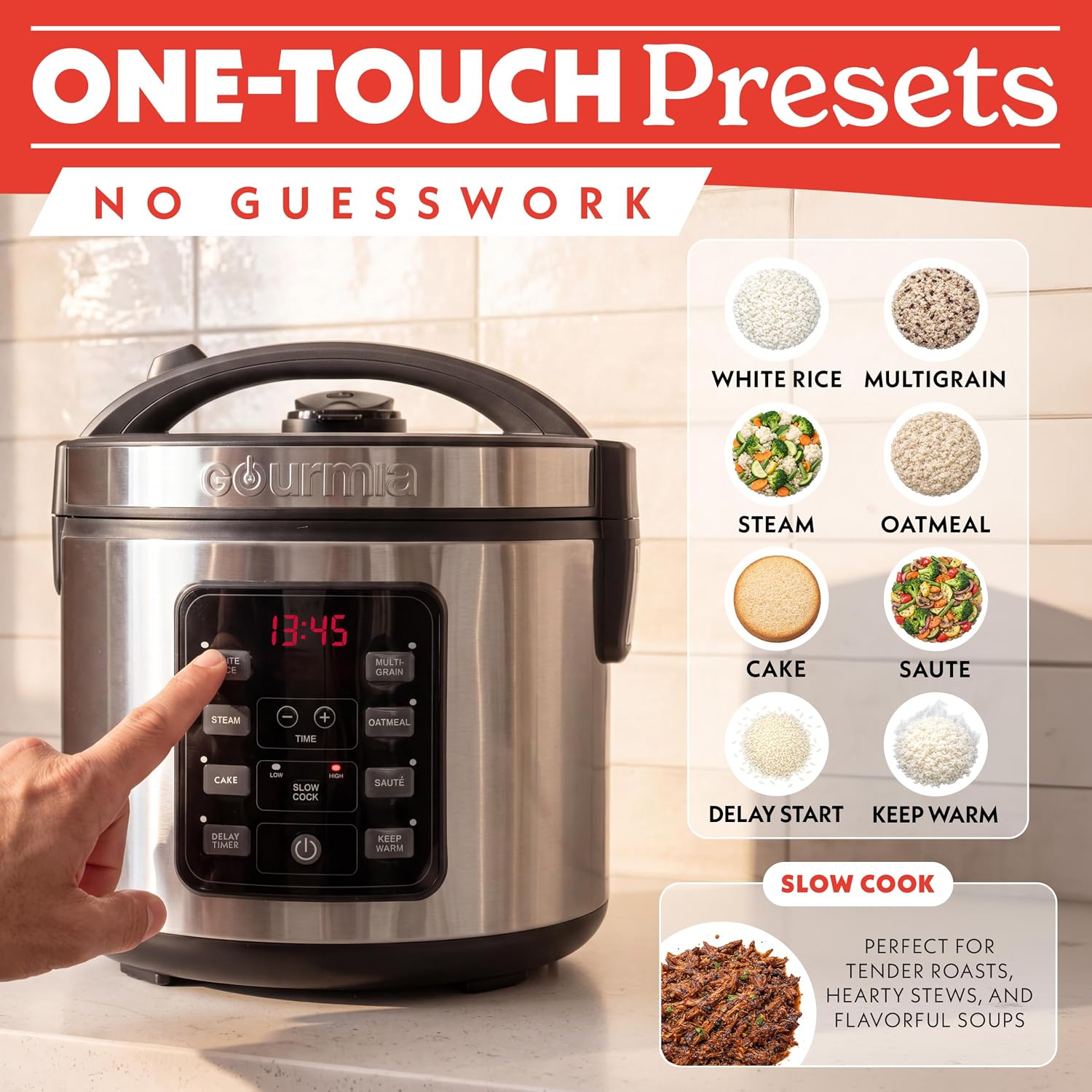 Gourmia Rice Cooker – 5 Qt Capacity, 20 Cup Cooked, 10 Cup Uncooked, Digital Controls, 6 Cooking Presets, Grain Cooker & Steamer, Nonstick Pot, Steam Tray, Delay Timer, Keep Warm, Stainless Steel