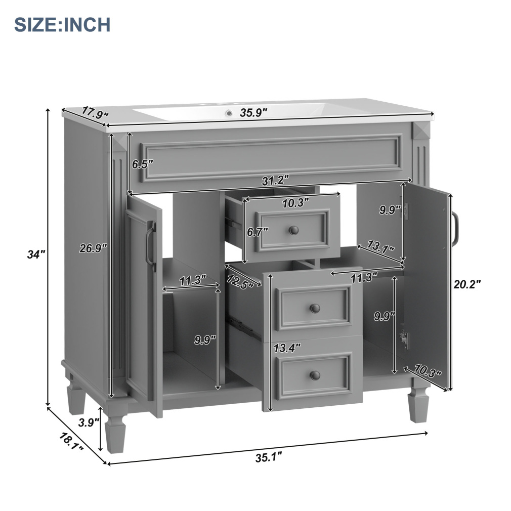 36'' Bathroom Vanity Set, Undermount Bathroom Cabinet and Mirror Cabinet, Ceramic Sink Top, Storage Cabinet with 2 Soft Closing Doors and 2 Drawers, Vanity Cabinet Set, Suit for 4'' Faucet, Gray(Mirror Cabinet+Vanity Table/Grey) - Image 9