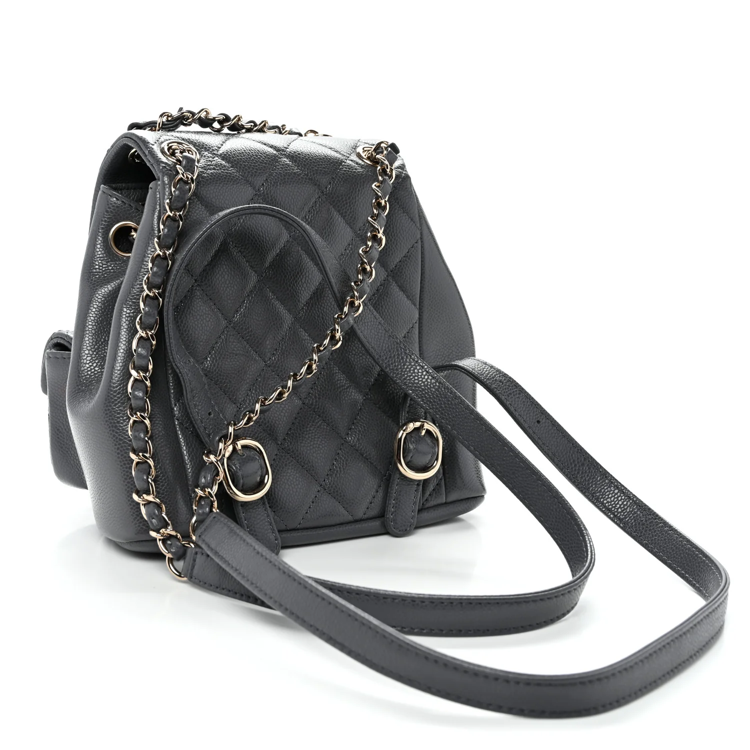 Shiny Caviar Quilted Small Duma Pockets Drawstring Backpack Grey
