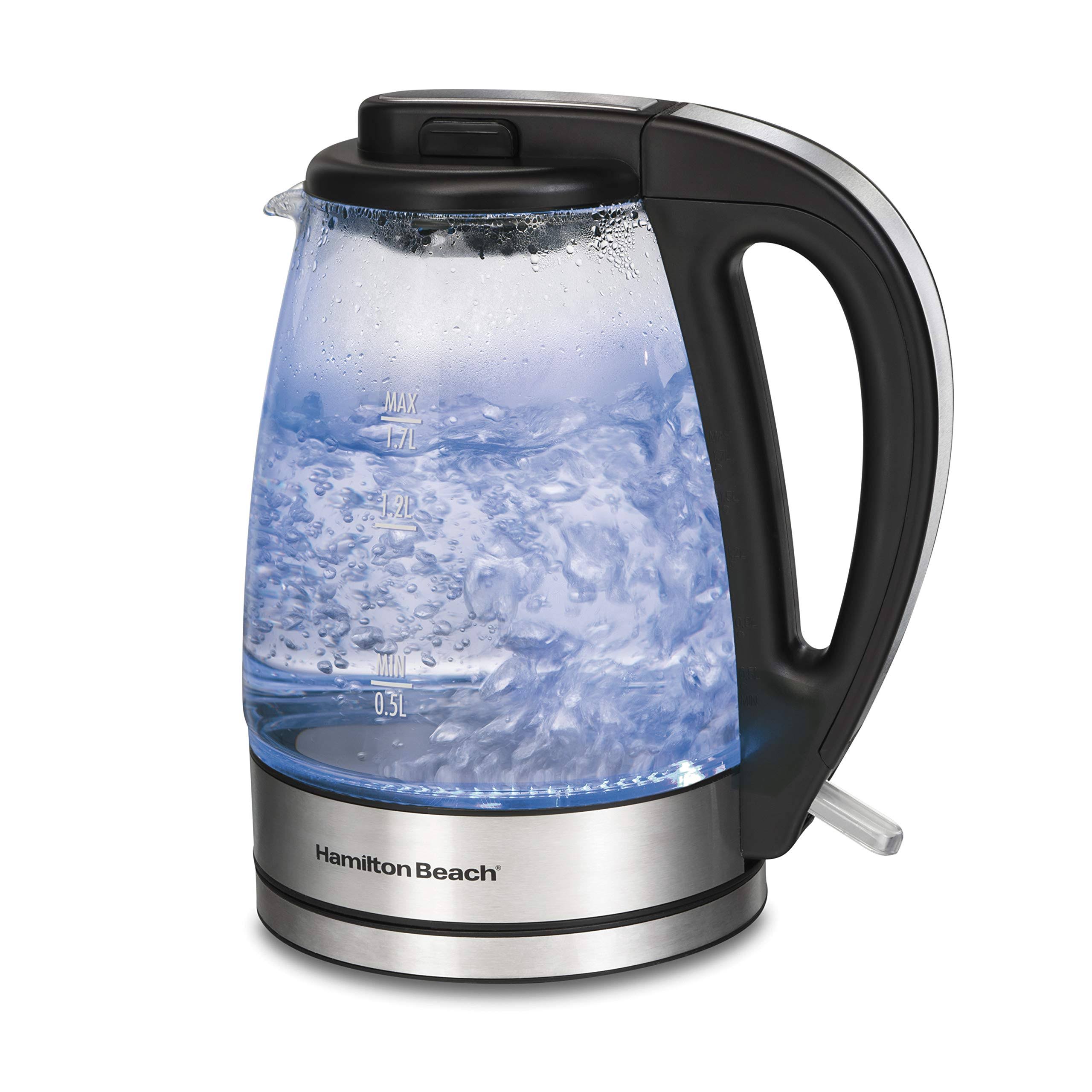 Hamilton Beach Glass Electric Tea Kettle, Water Boiler & Heater, 1.7 L, Cordless, LED Indicator, Built-In Mesh Filter, Auto-Shutoff & Boil-Dry