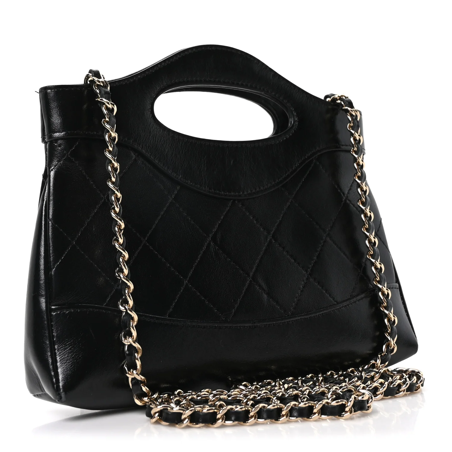 Shiny Crumpled Calfskin Quilted Nano 31 Shopping Bag Black