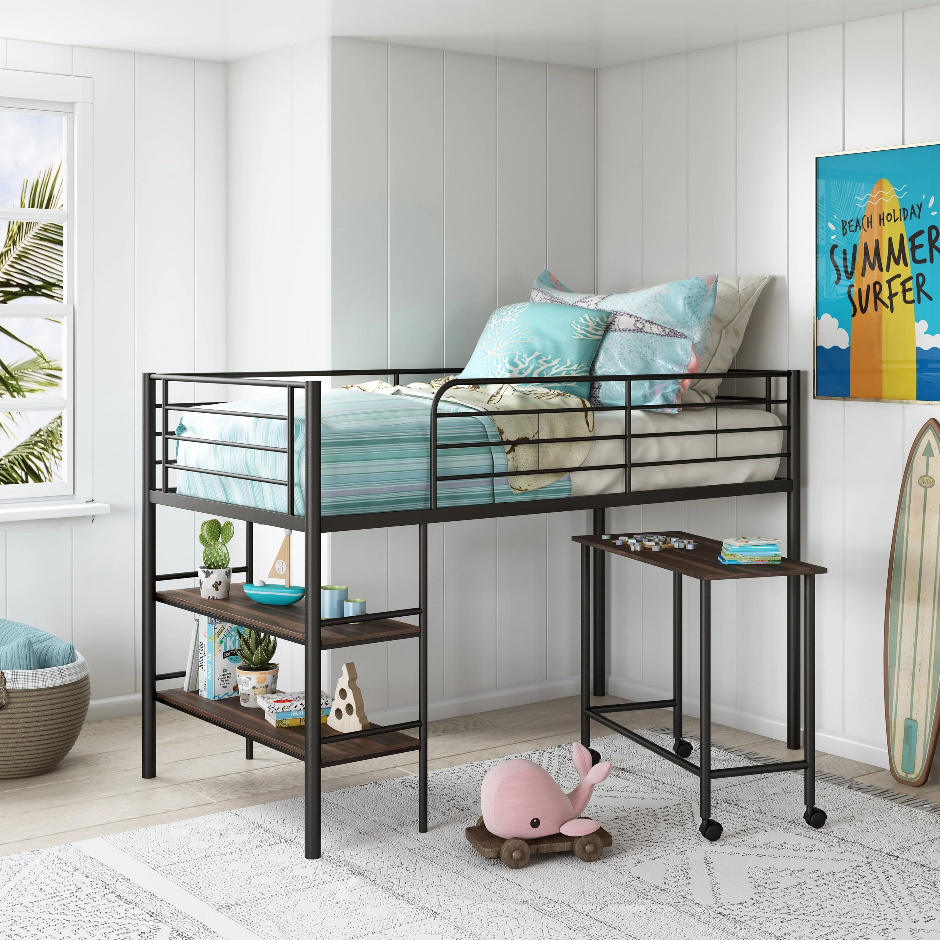 Your Zone Beckett Kids Metal Twin Loft Bed with Open Book Shelf, Multiple Finishes(Black)