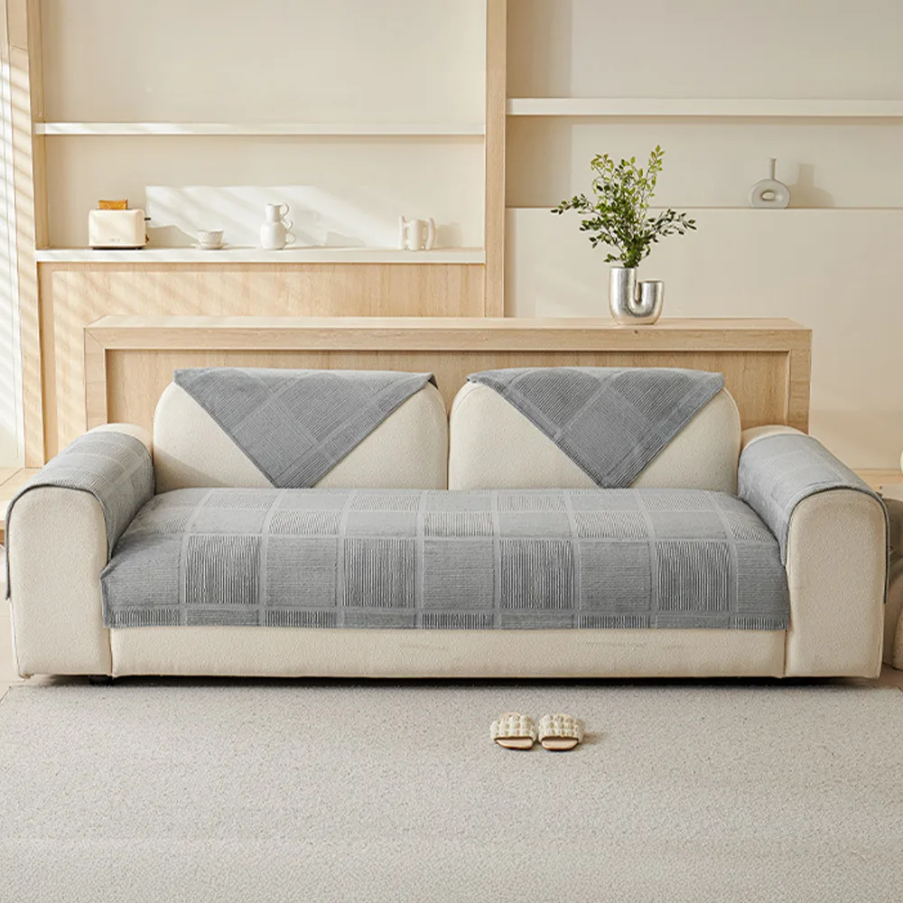 Plush Cream Geometric All Seasons Non-Slip Couch Cover