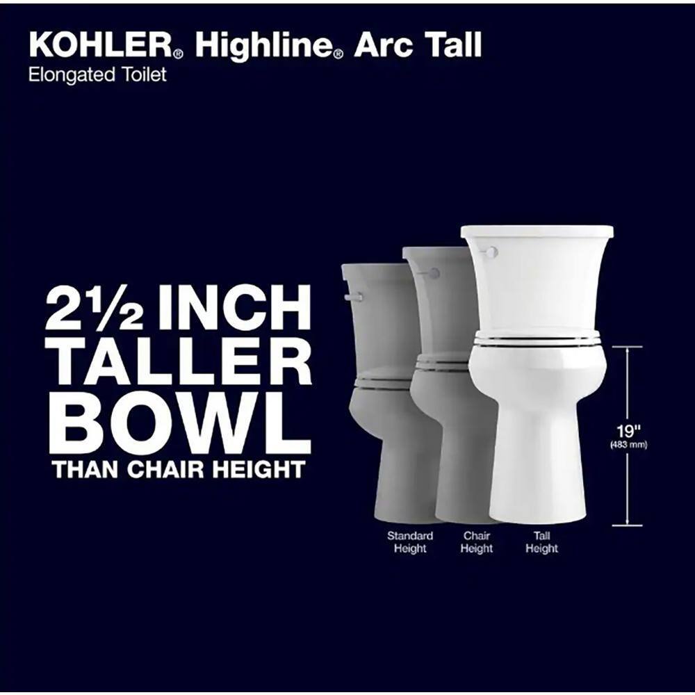 Toilette allongée extra haute KOHLER Highline Arc 2025, 1,28 gallons par chasse d'eau, blanche avec siège