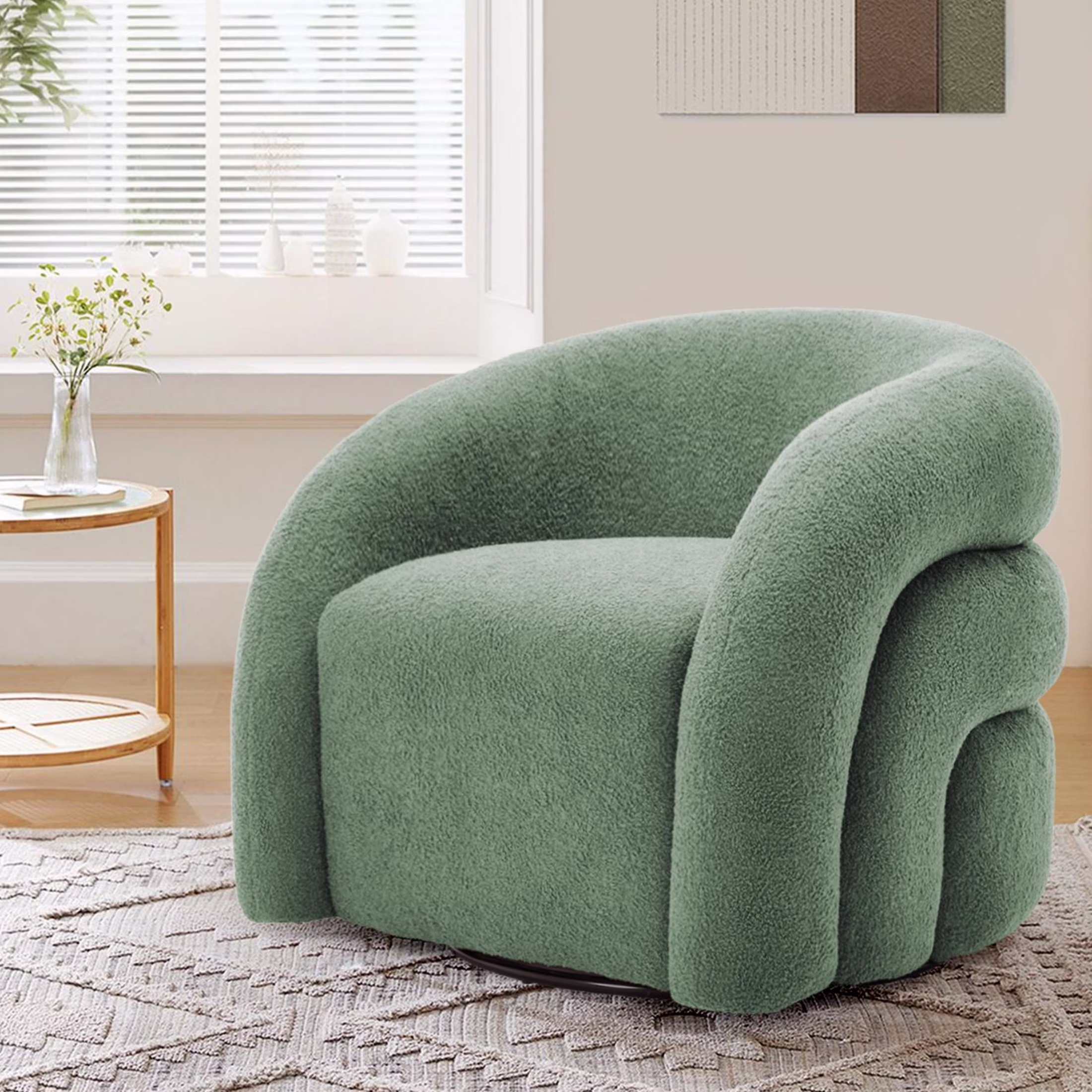 360 Swivel Accent Chair for Living Room, Boucle Barrel Armchair Single Sofa Chair Reading Chair, Sage Green