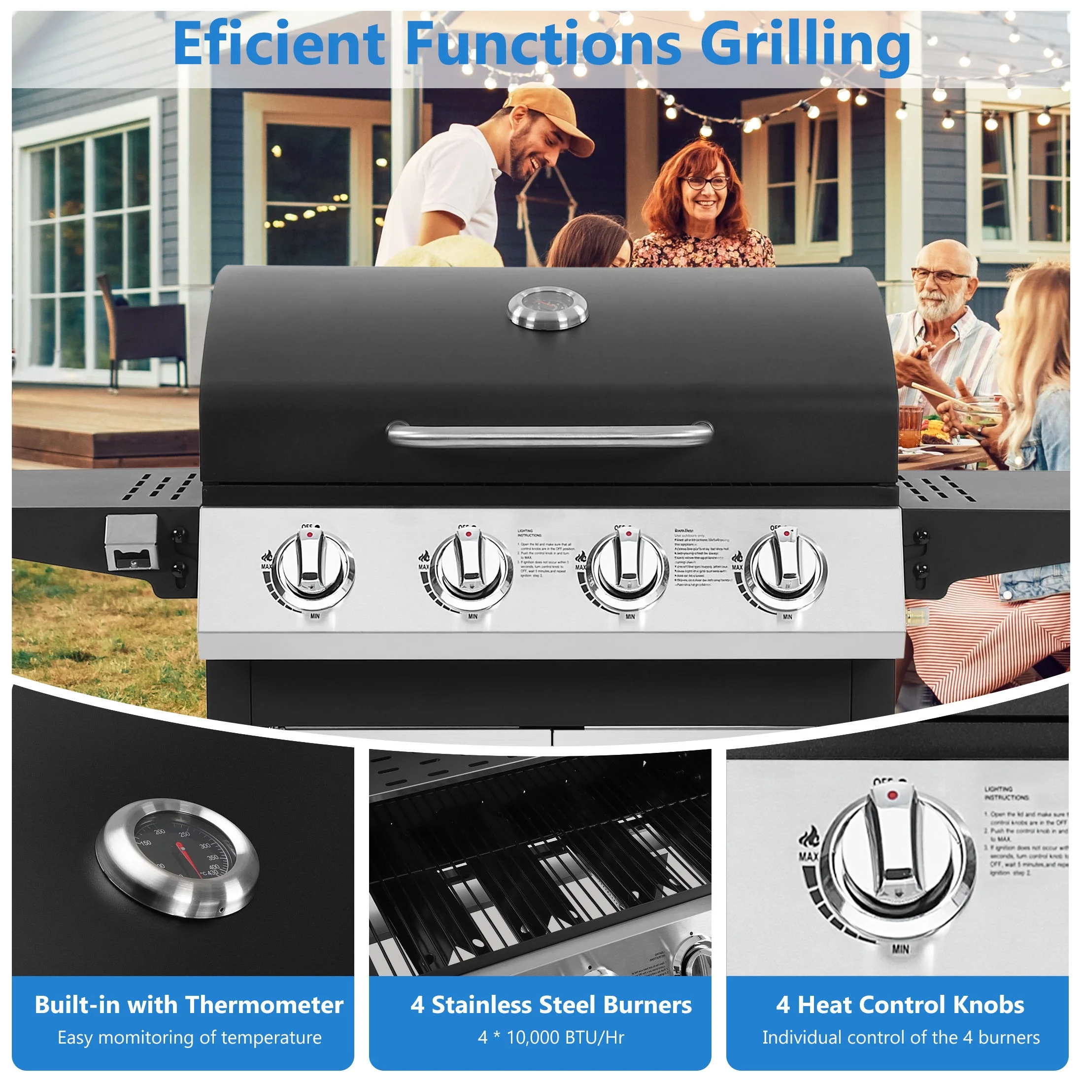 4 Burner BBQ Propane Gas Grill, Stainless Steel 40,000 BTU Patio Garden Barbecue Grill with Folding Side Tables, Cleaning Brush Thermometer, Perfect for Camping, Outdoor Cooking(4-Burner) - Image 6