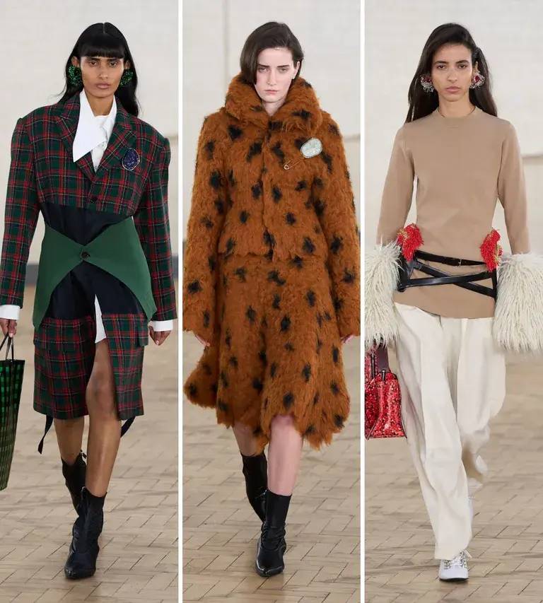 FW26 runway looks showing bold faux fur texture and layered proportions