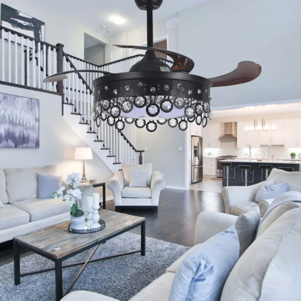 AFANQI 42" Black Modern Fandelier Ceiling Fan with Light Remote, Retractable Bluetooth Ceiling Fan with 7 Colors Silent Motor Crystal Chandelier