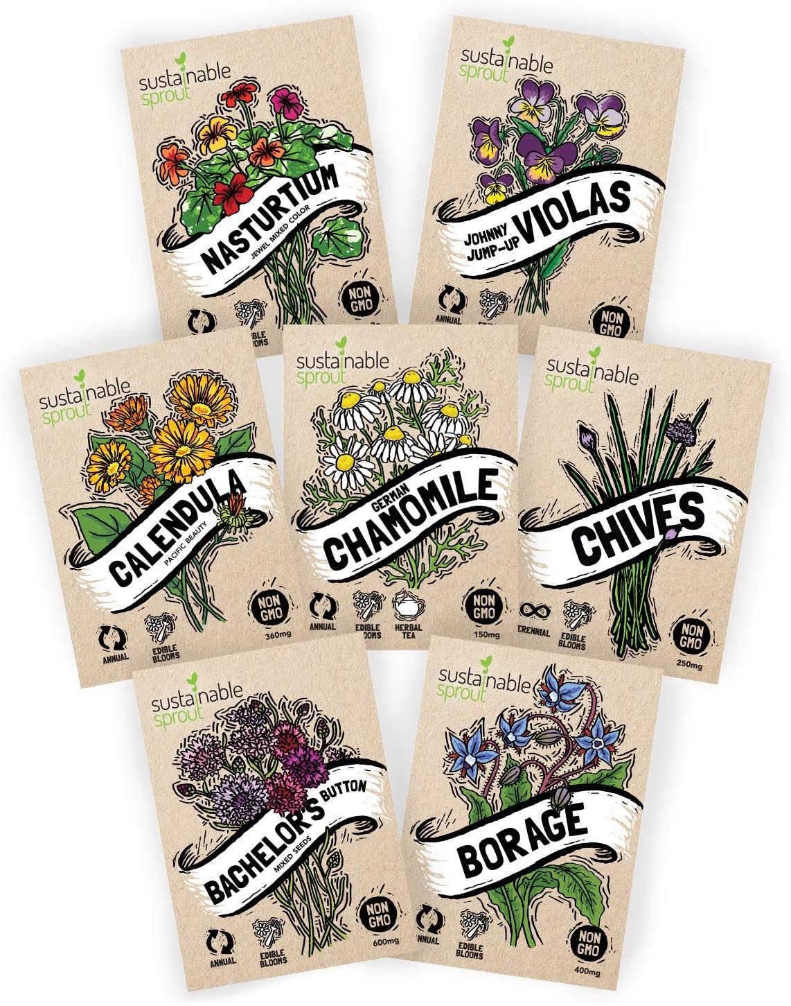 Sustainable Sprout Edible Flower Seeds Variety Pack - 100% Non GMO ÿ Nasturtium, Viola, Calendula, Chamomile, Chives, Bachelor Button, Calendula