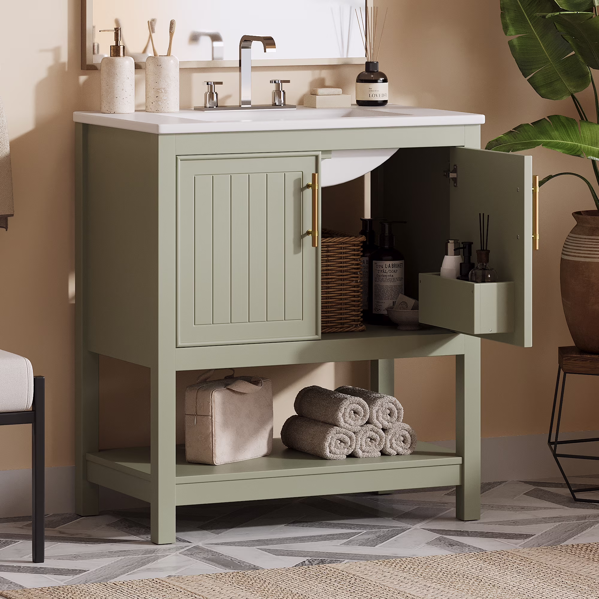 30-Inch White Bathroom Vanity with Ceramic Sink and Versatile Storage Ideal for Small Bathrooms, White(White) - Image 3