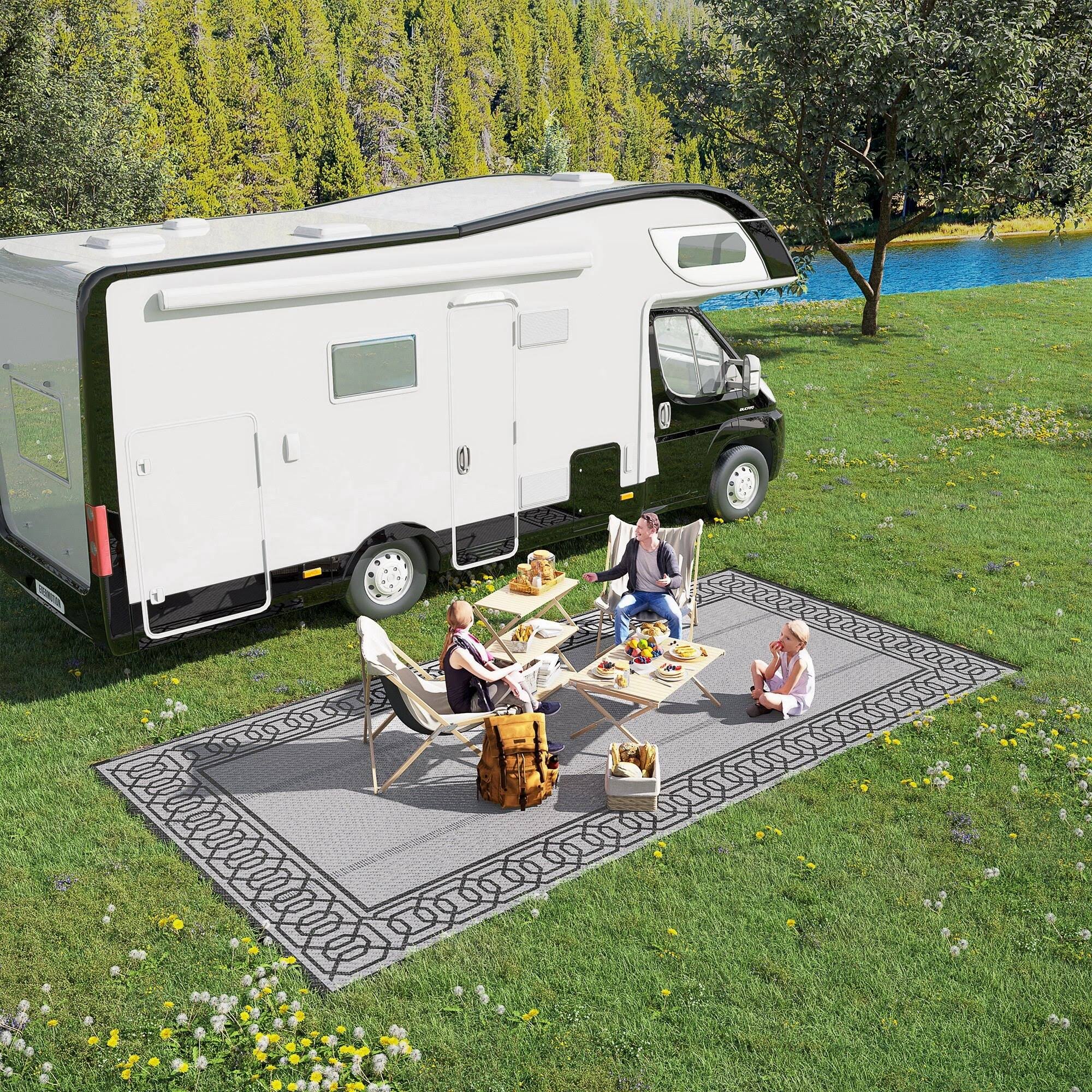 Outsunny RV Mat, Outdoor Patio Rug / Large Camping Carpet with Carrying Bag, 9' x 18', Waterproof Plastic Straw, Reversible, Black & Gray Border