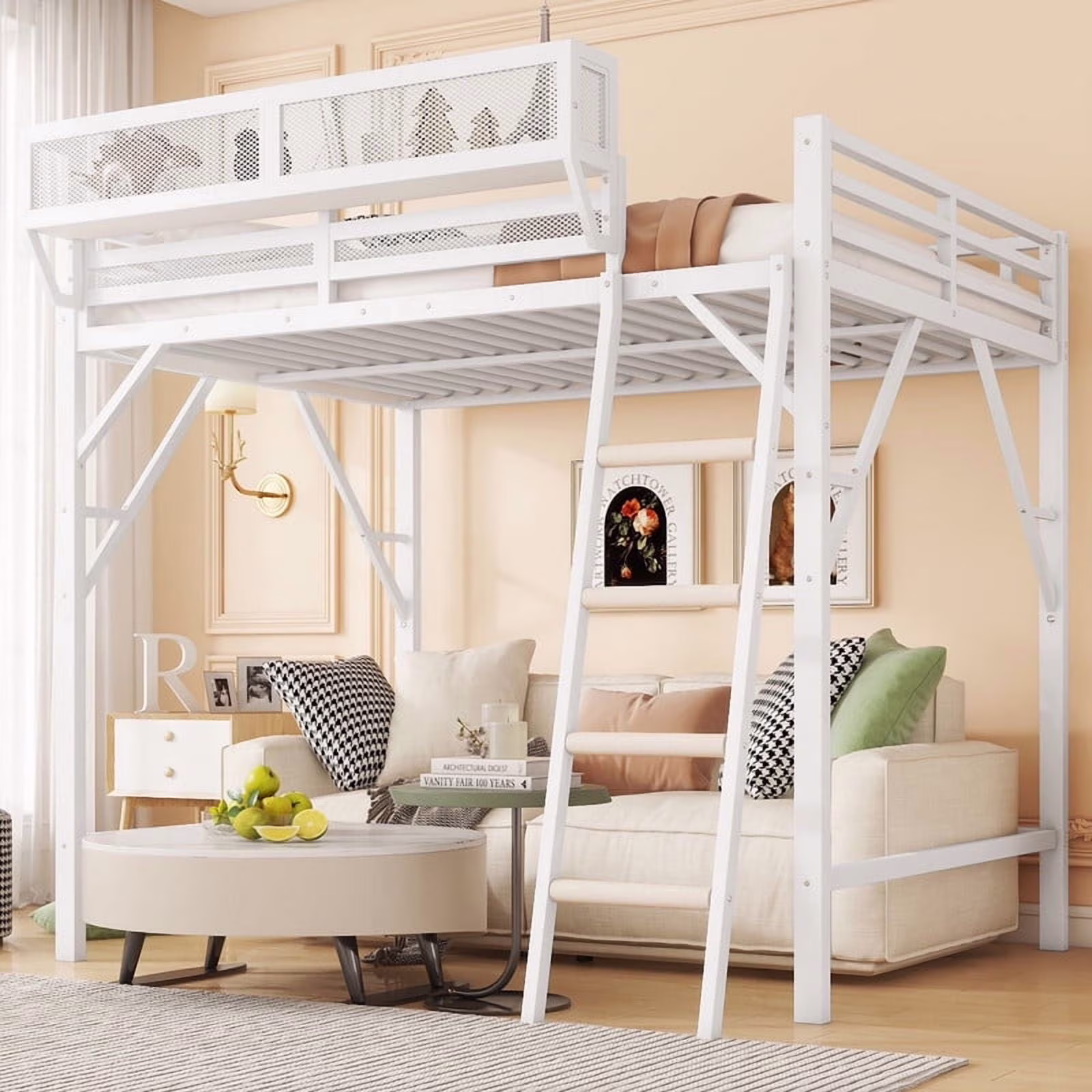 Queen Size Metal Loft Bed Frame, Heavy Duty Steel High Loft Bed with Storage Shelves Ladder, Space-Saving Loft Bed for Apartments, Adults, Teens Juniors (Black)(Queen/Black) - Image 3