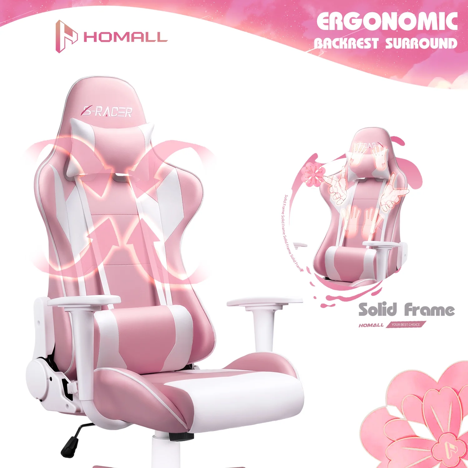 Gaming Chair office Chair with Headrest Lumbar Support, Pink(Pink) - Image 6