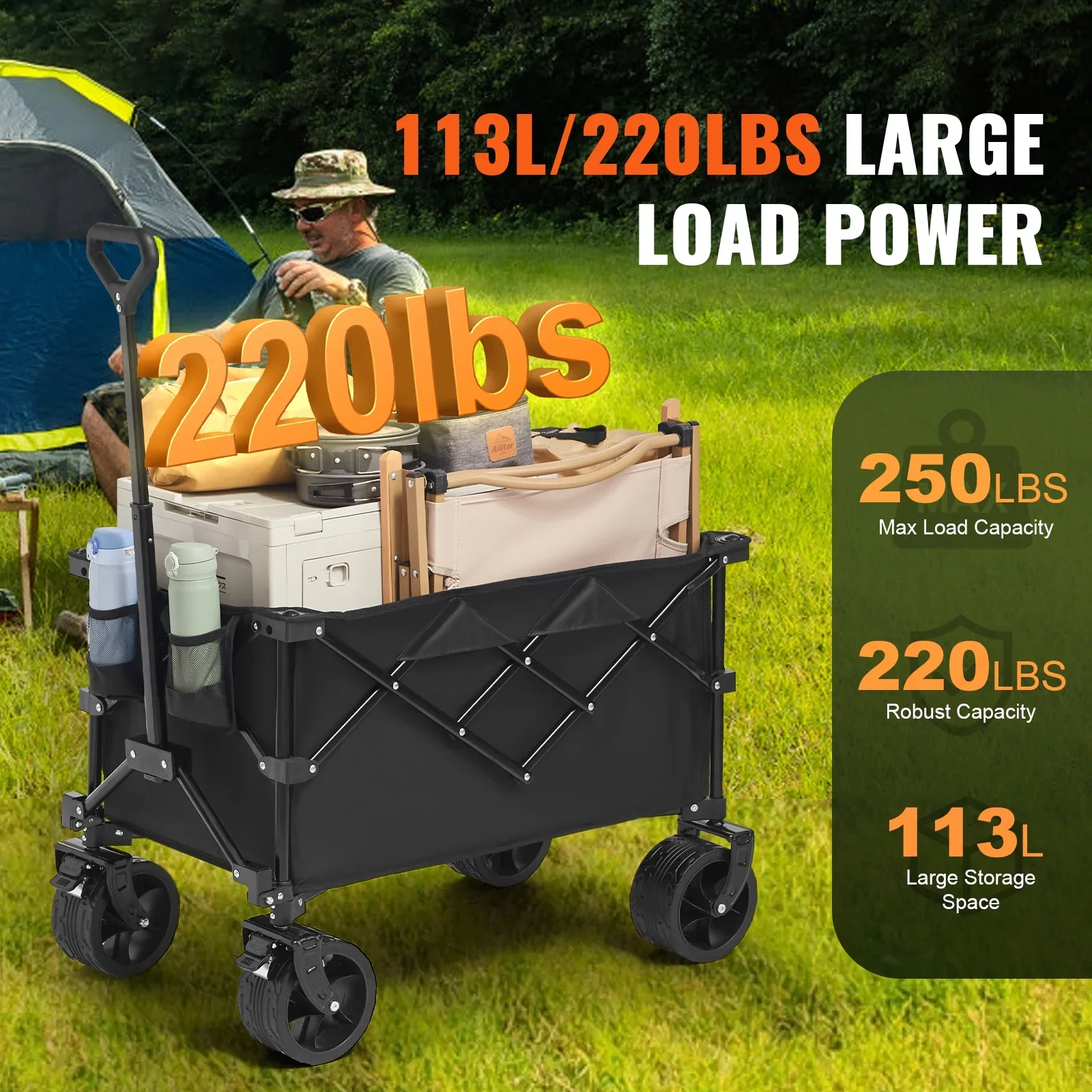 SKYSHALO Collapsible Wagon Cart 113 L Max 250 lbs Beach Wagon Cart Heavy Duty Folding Utility Garden Cart w/ Oversized Wheels (Black)
