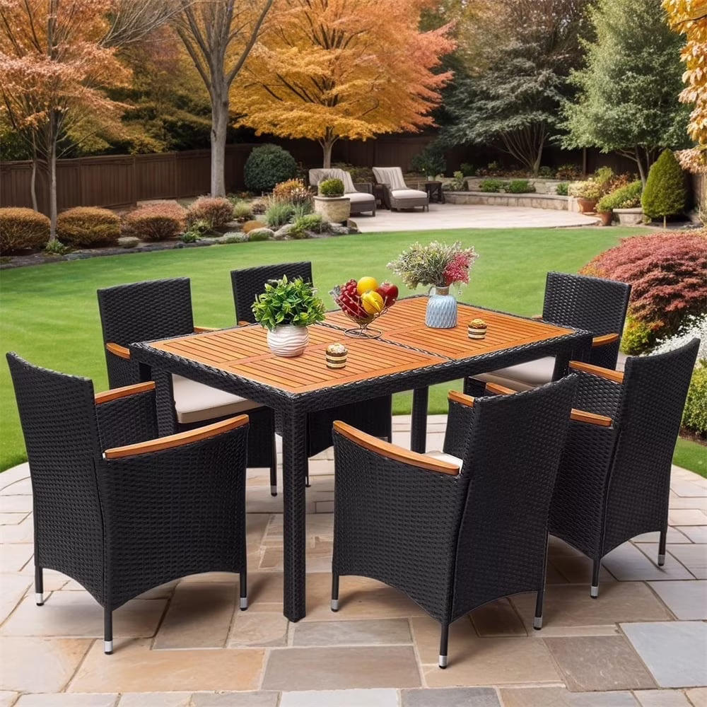 7 Pieces Outdoor Patio Dining Set, Patio Wicker Furniture Dining Set with 6 Chairs and Acacia Wood Top for Yard, Garden, Porch and Poolside, Black