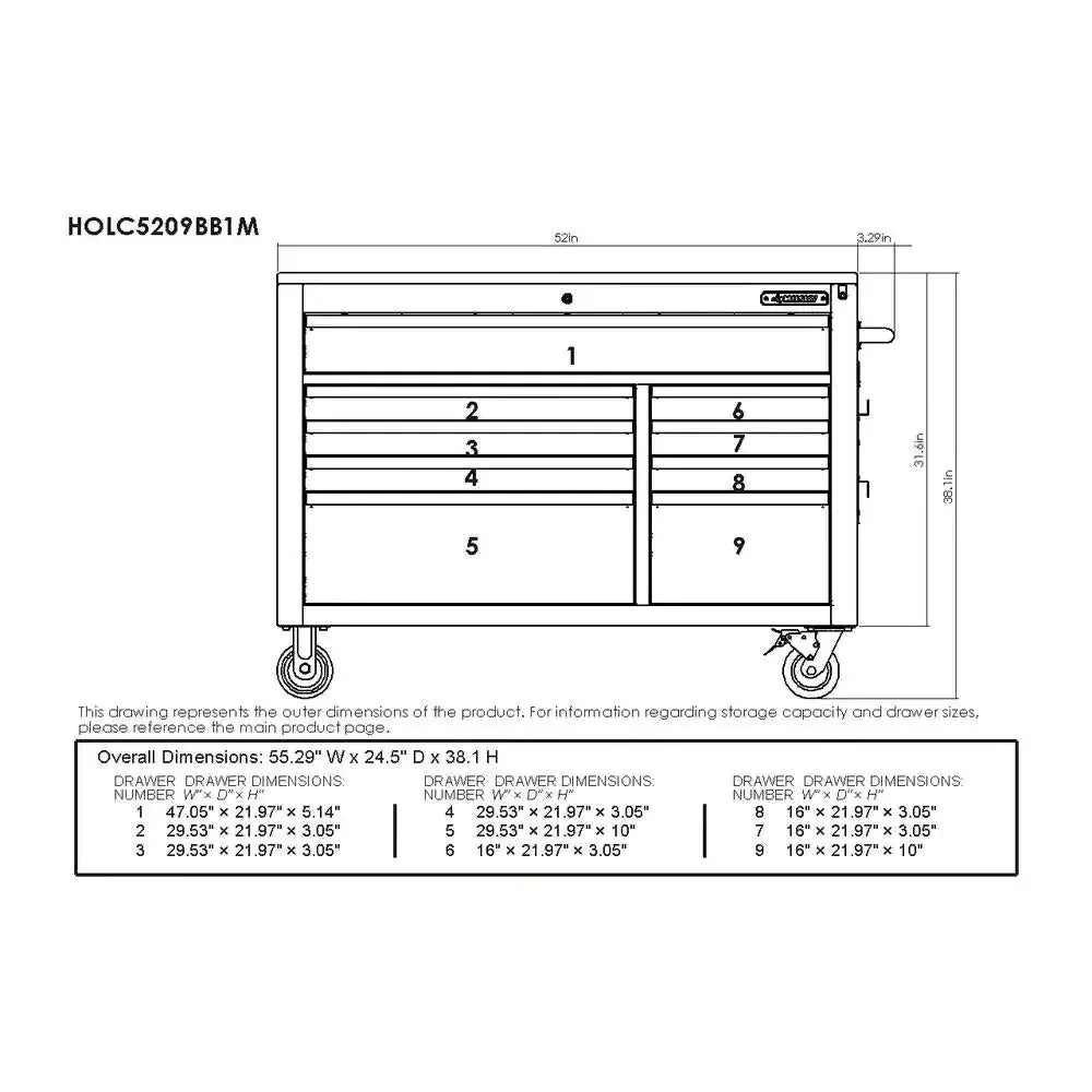 Heavy-duty 52 in. 9-DRAWER Mobile Workbench with Adjustable-height Solid Wood Top in Matte Blue