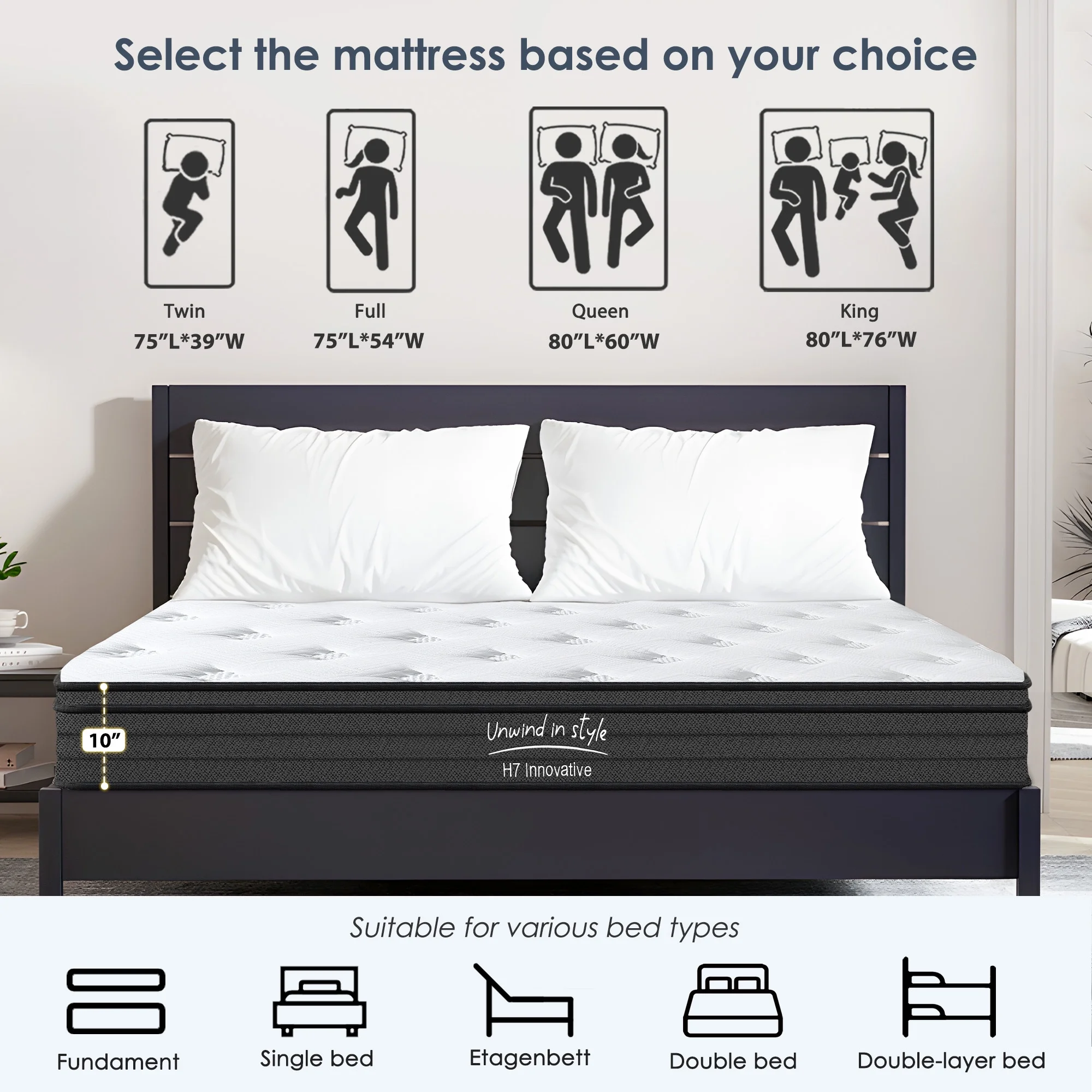Adult 10 Inch King Hybrid Mattress Memory Foam Mattress Medium Firm Pocket Spring Bed Mattress(King/10 in) - Image 4