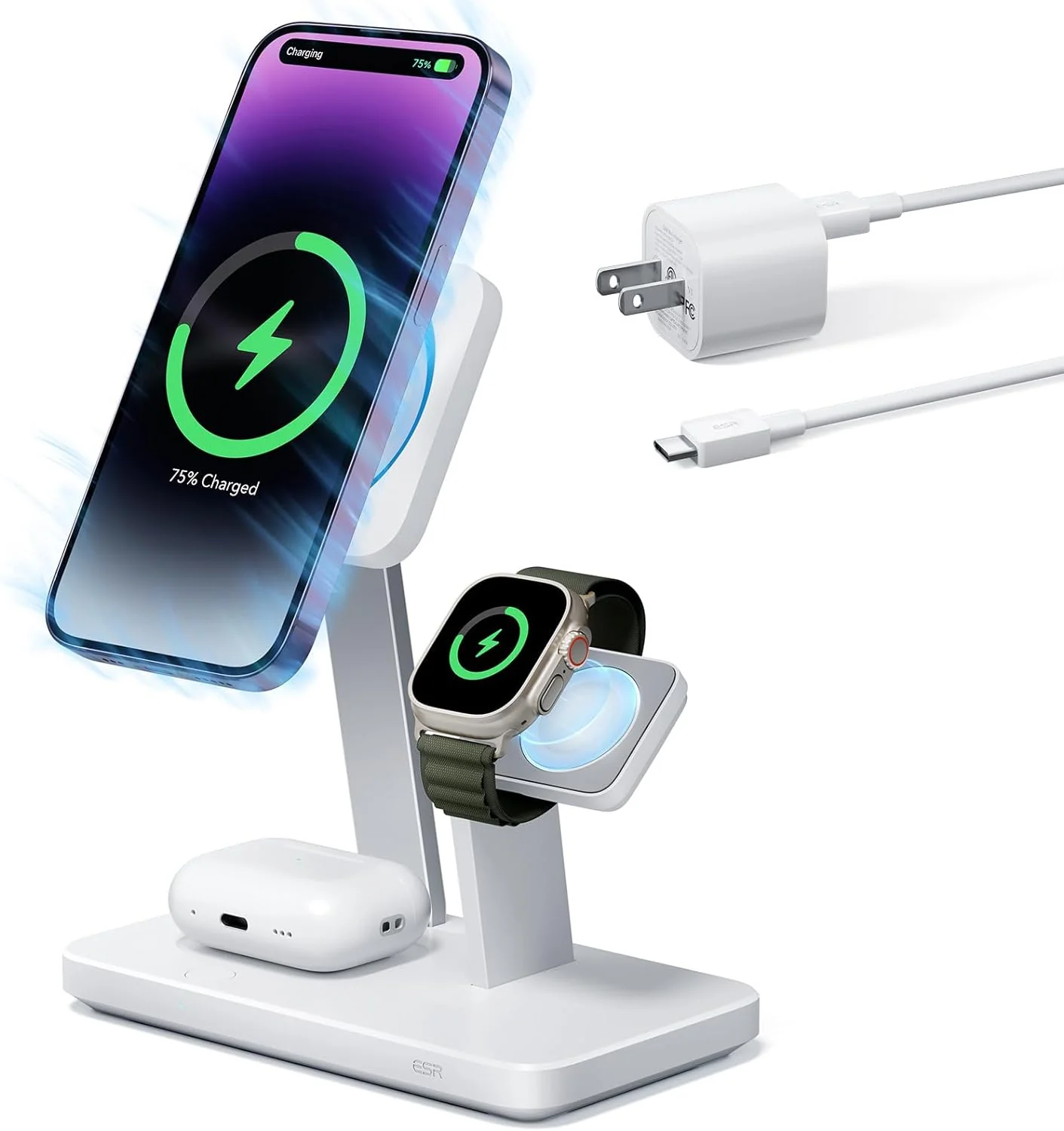 15W 3 in 1 Magsafe Charger Stand with CryoBoost, Made for Apple-Certified Magnetic Wireless Charger, 3 in 1 Charging Station for iPhone 15/14/13 Apple Watch/AirPods Pro,Phone-Cooling Charger,White
