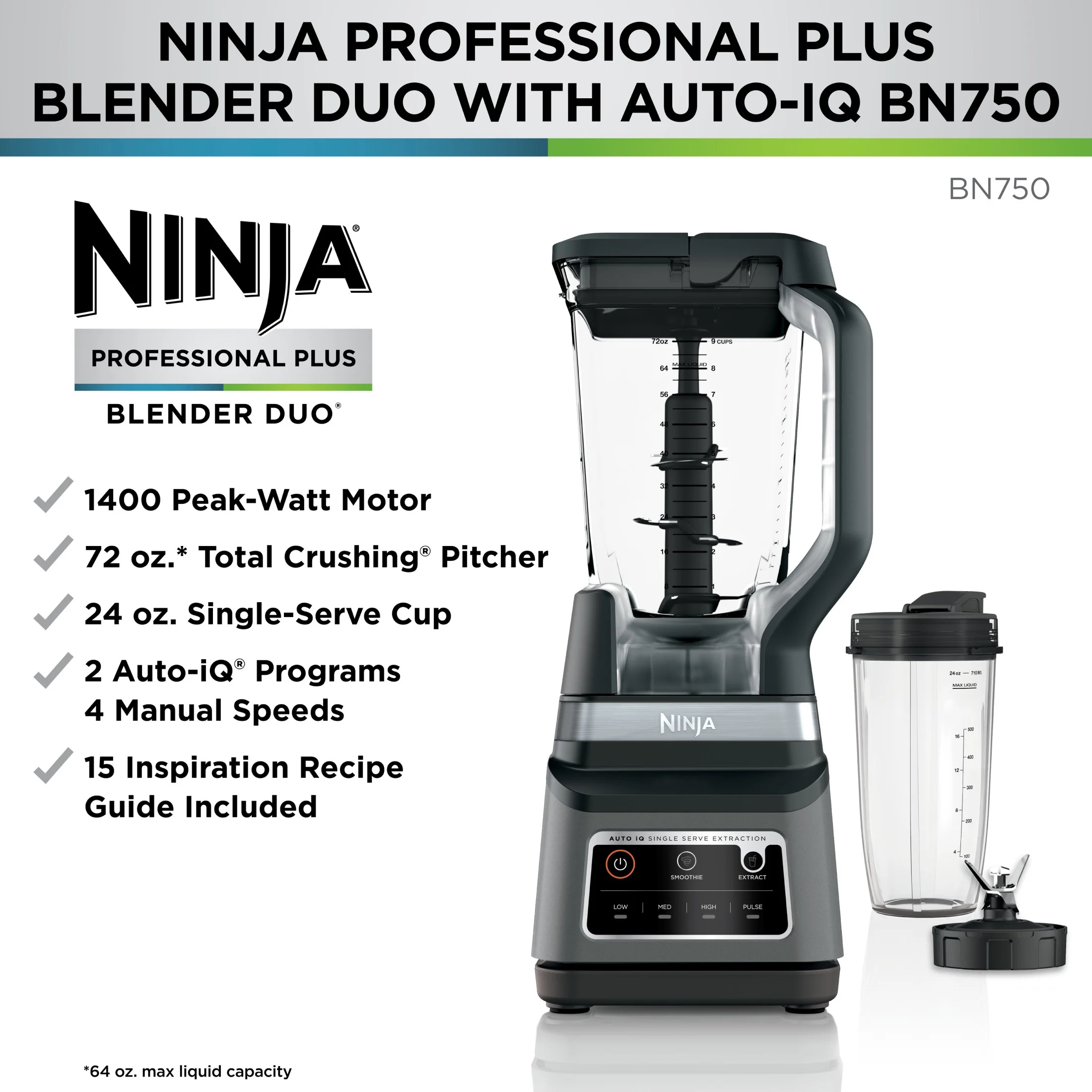 Professional Plus DUO Blender, 1400 W, 2 Auto-IQ Programs for Smoothies, Nutrient Extraction, 72 oz* Total Crushing Pitcher (1) 24 oz To-Go Cup, Black, BN750 - Image 6